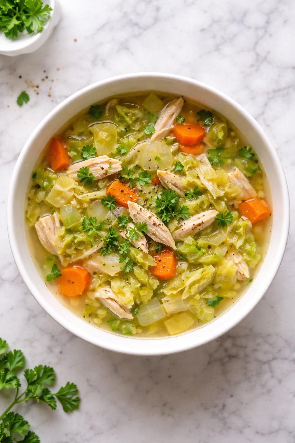 Image Prompt: Realistic top-down editorial food photography of chicken breast cabbage soup in a simple bowl on a white marble countertop, light broth with shredded chicken breast, chopped cabbage, carrots, onion, celery, and herbs, bright fresh homemade mood, natural daylight, no people, no hands, no text, no watermarks, no props with writing.