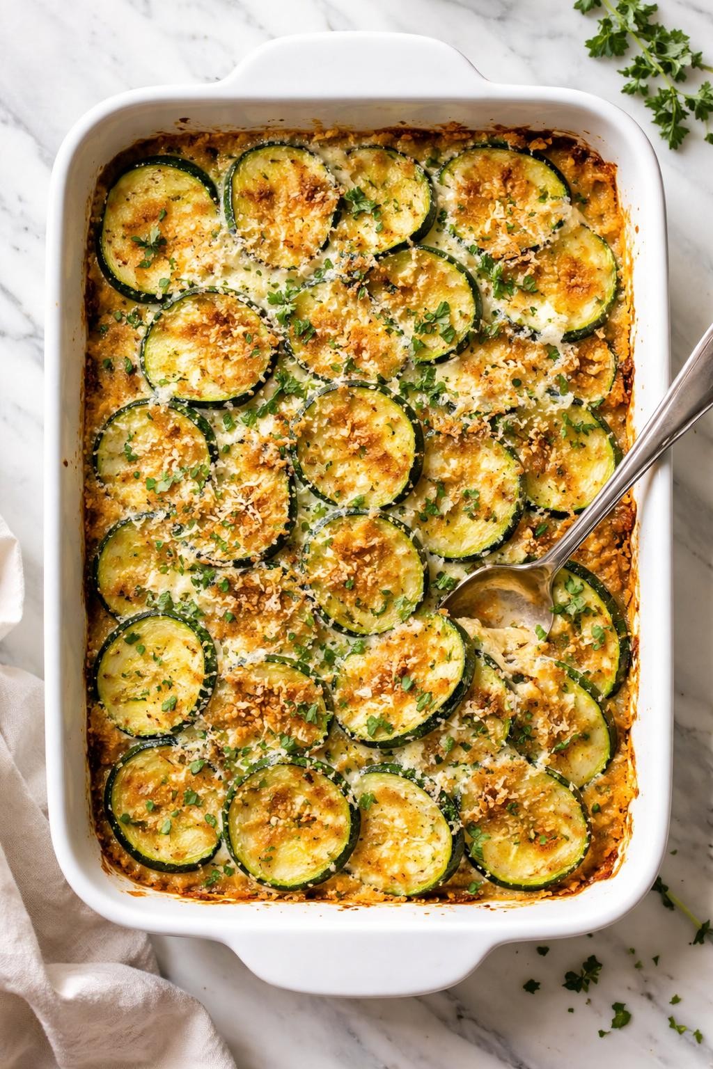 Image Prompt: Realistic top-down editorial food photography of Italian zucchini casserole in a white baking dish on a clean marble countertop, sliced zucchini baked with breadcrumbs, parmesan, mozzarella, herbs, and light golden top, bright natural daylight, warm homemade comfort food mood, no people, no hands, no text, no watermarks, no props with writing.