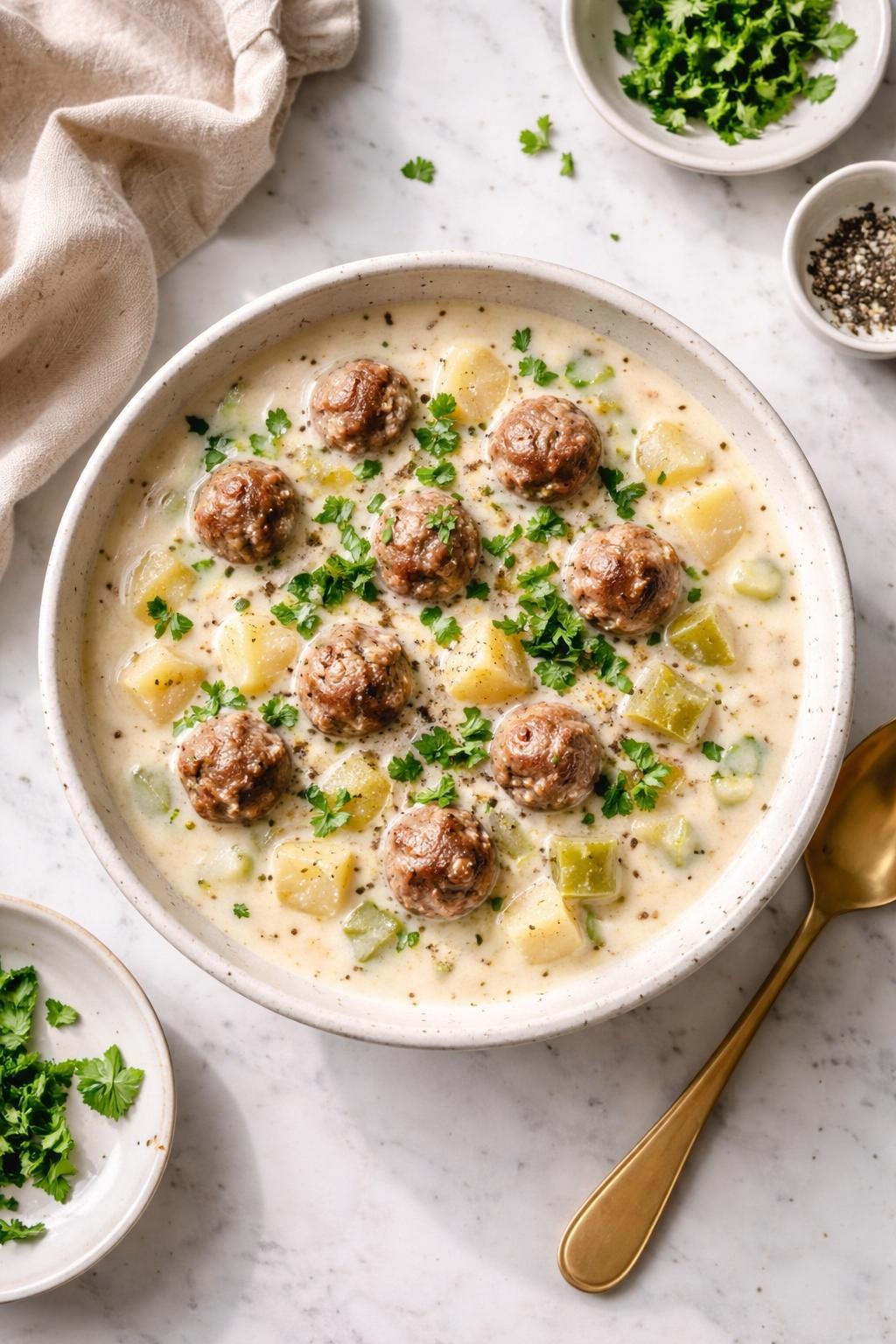 Image Prompt: Realistic top-down editorial food photography of a bowl of creamy meatball potato soup on a white marble countertop, filled with tender mini meatballs, soft potato cubes, onion, celery, and a rich creamy broth with black pepper and fresh parsley on top, cozy homemade comfort food styling, bright natural daylight, soft shadows, clean composition, high detail, realistic texture, no people, no hands, no text, no watermarks, no props with writing.