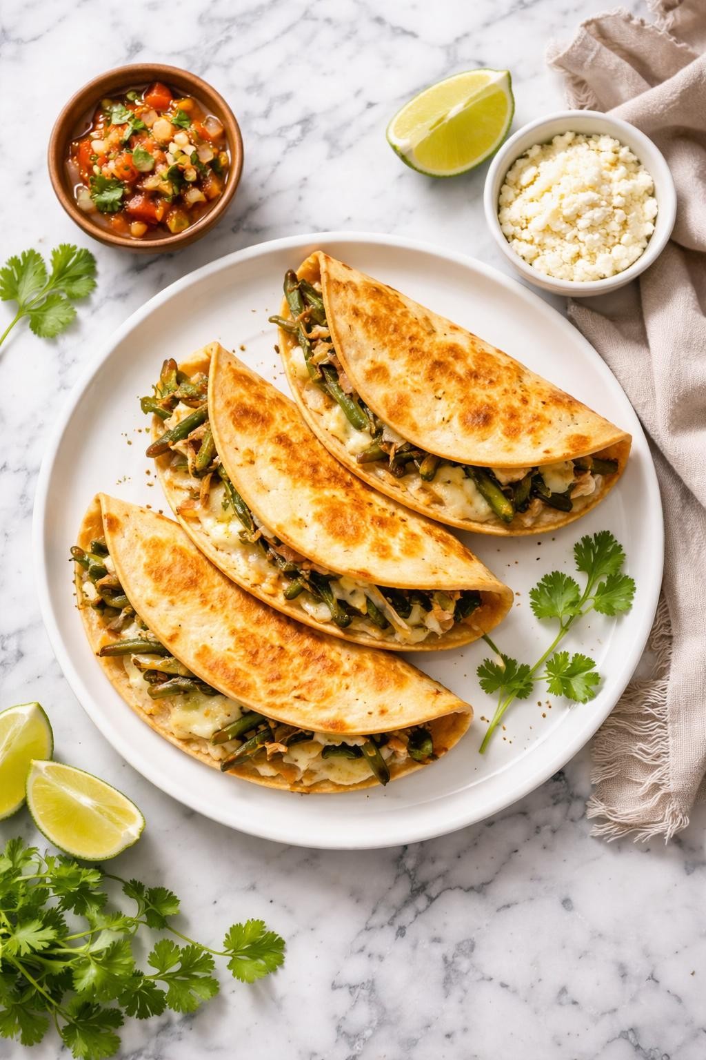 Image Prompt: Realistic top-down editorial food photography of nopales quesadillas on a white plate over a clean white and gray marble countertop, folded tortillas filled with cooked nopales and melted cheese, golden crisp edges, cozy homemade Mexican meal styling, bright natural light, no people, no hands, no text, no watermarks, no props with writing.