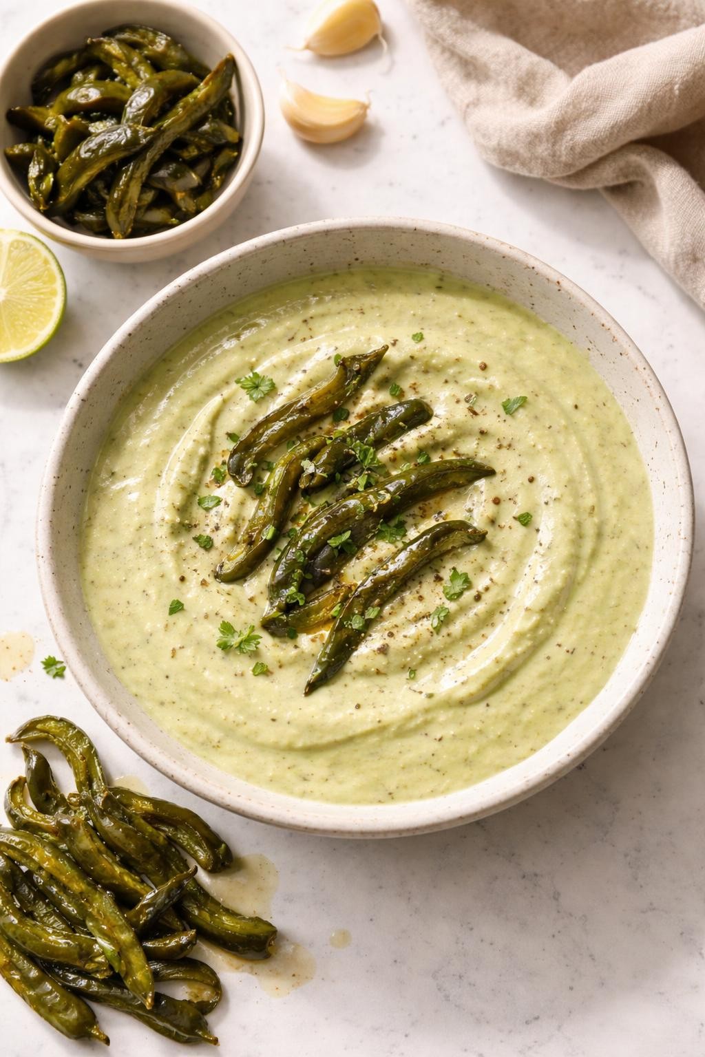 Image Prompt: Realistic top-down editorial food photography of roasted poblano cream sauce in a shallow bowl on a clean white countertop, pale green creamy Mexican sauce made with roasted poblano peppers, garlic, onion, and cream, silky texture with roasted poblano strips nearby, soft daylight, elegant homemade food styling, warm and comforting mood, no people, no hands, no text, no watermarks, no props with writing.