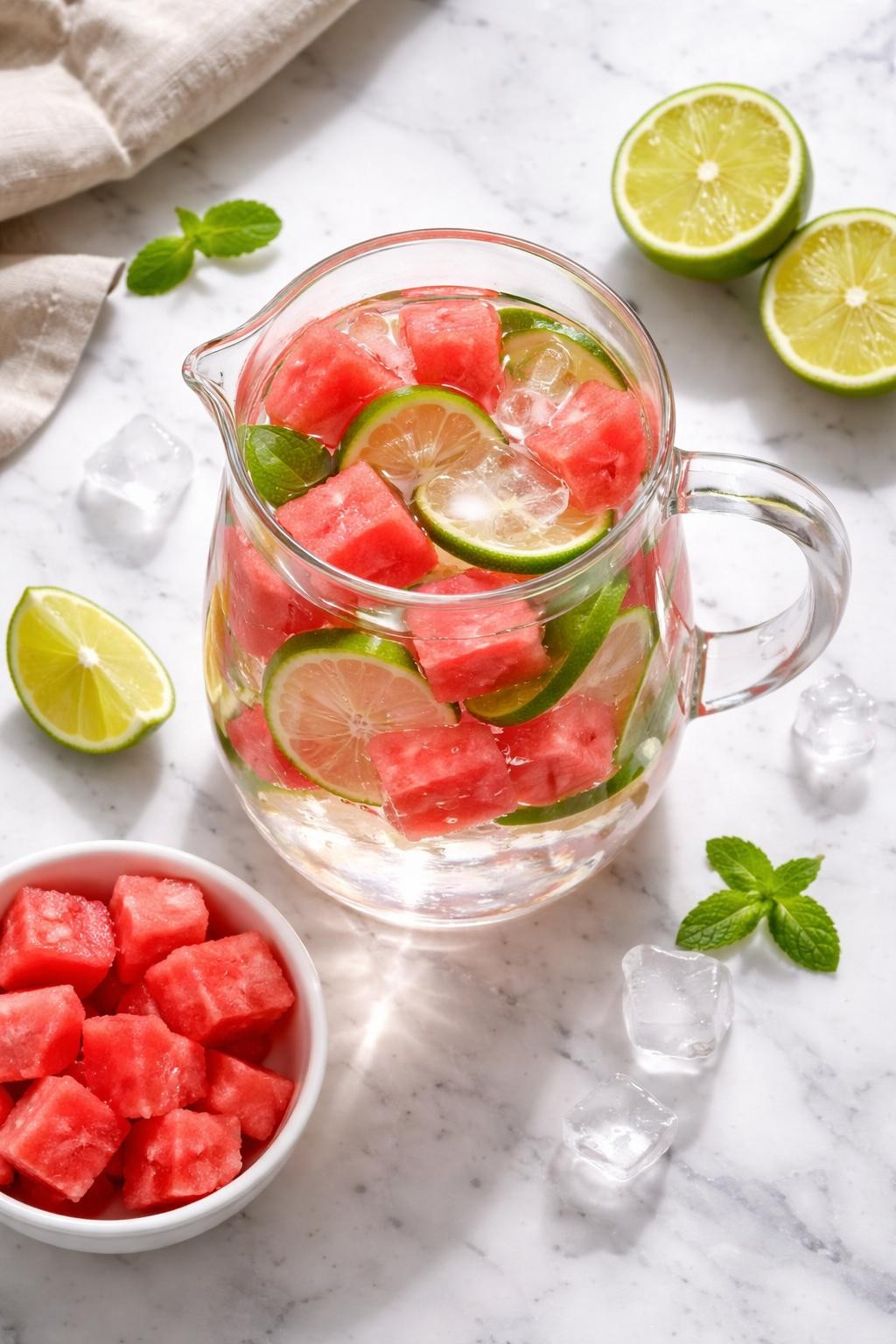 Realistic top-down editorial food photography of watermelon lime detox water in a clear pitcher on a white marble countertop, pink watermelon cubes and thin lime slices floating in cold water with ice cubes, extra watermelon cubes and lime halves styled nearby, fresh summer drink mood, bright natural light, soft shadows, realistic fruit texture, no people, no hands, no text, no watermarks, no props with writing.