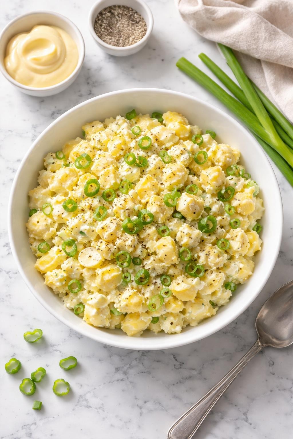 Image Prompt: Realistic top-down editorial food photography of egg salad with green onion in a shallow white bowl on a white and gray marble countertop, creamy chopped eggs mixed with sliced green onions, mayonnaise, and black pepper, bright natural window light, soft shadows, clean homemade styling, high detail, realistic food texture, no people, no hands, no text, no watermarks, no props with writing.