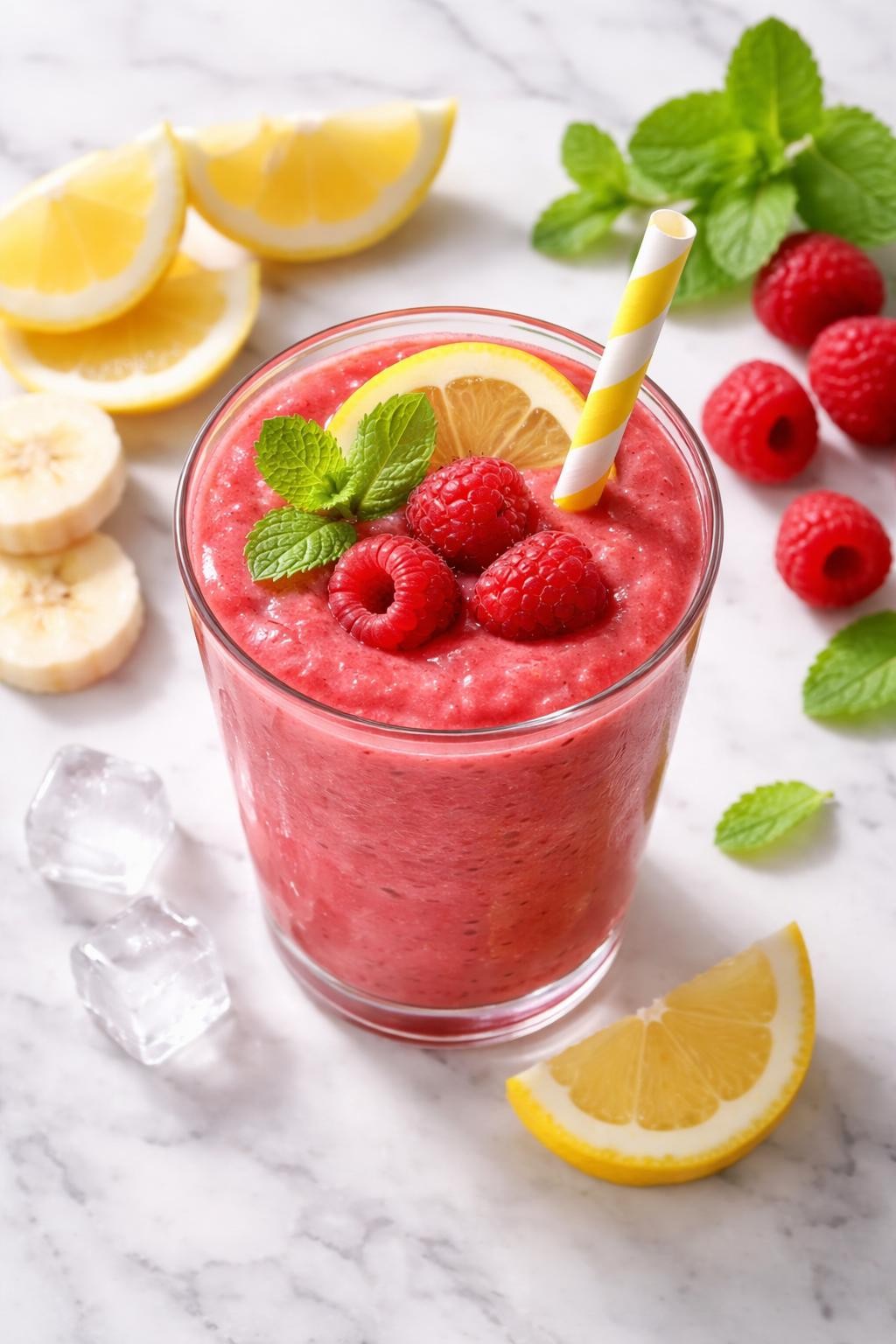 Realistic top-down food photography of a raspberry lemon smoothie in a clear glass on a clean white marble countertop. The smoothie is bright pink-red, smooth, cold, and refreshing, styled with raspberries, lemon wedges, mint leaves, banana slices, and a few ice cubes nearby. Bright natural daylight, clean fresh smoothie styling, high detail, realistic drink texture, no people, no hands, no text, no watermarks, no props with writing.