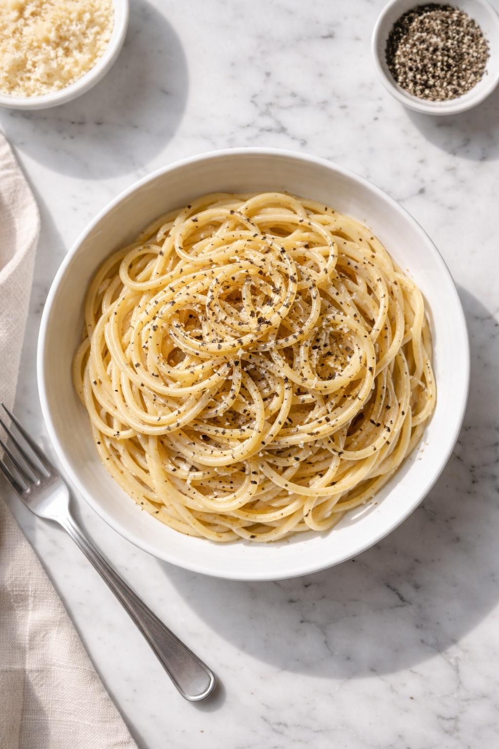Image Prompt: Realistic top-down editorial food photography of spaghetti cacio e pepe in a white bowl on a white marble countertop, spaghetti coated in a glossy cheese sauce with lots of cracked black pepper, simple Roman-style plating, bright natural daylight, soft shadows, clean editorial food styling, high detail, realistic food texture, no people, no hands, no text, no watermarks, no props with writing.