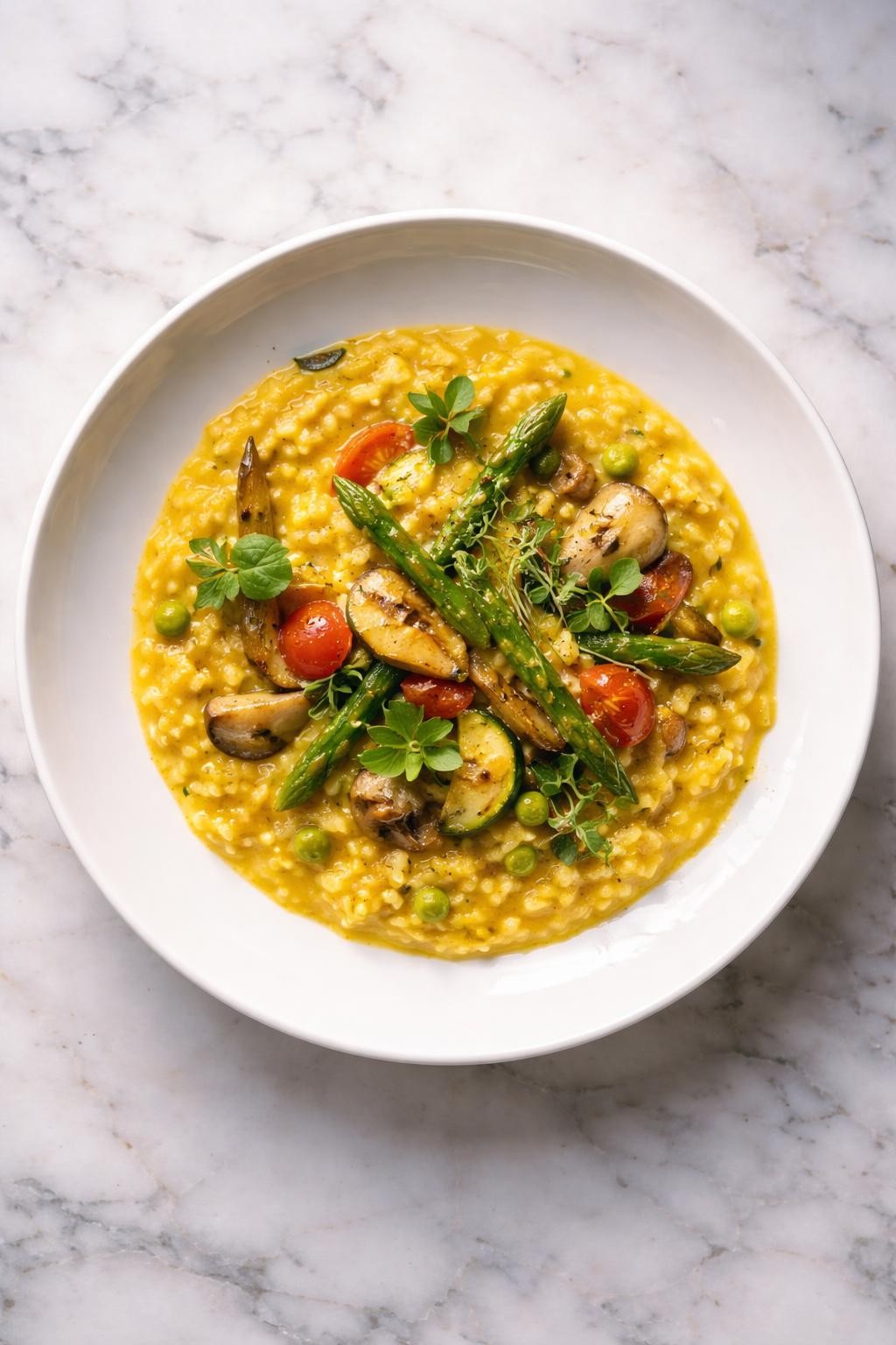 Image Prompt: Top-down realistic editorial food photography of elegant vegan saffron vegetable risotto in a white fine dining bowl on a clean marble countertop, creamy golden rice with tender seasonal vegetables and delicate herb garnish, refined restaurant-style plating, soft natural daylight, upscale dinner mood, no people, no hands, no text, no watermarks, no props with writing.