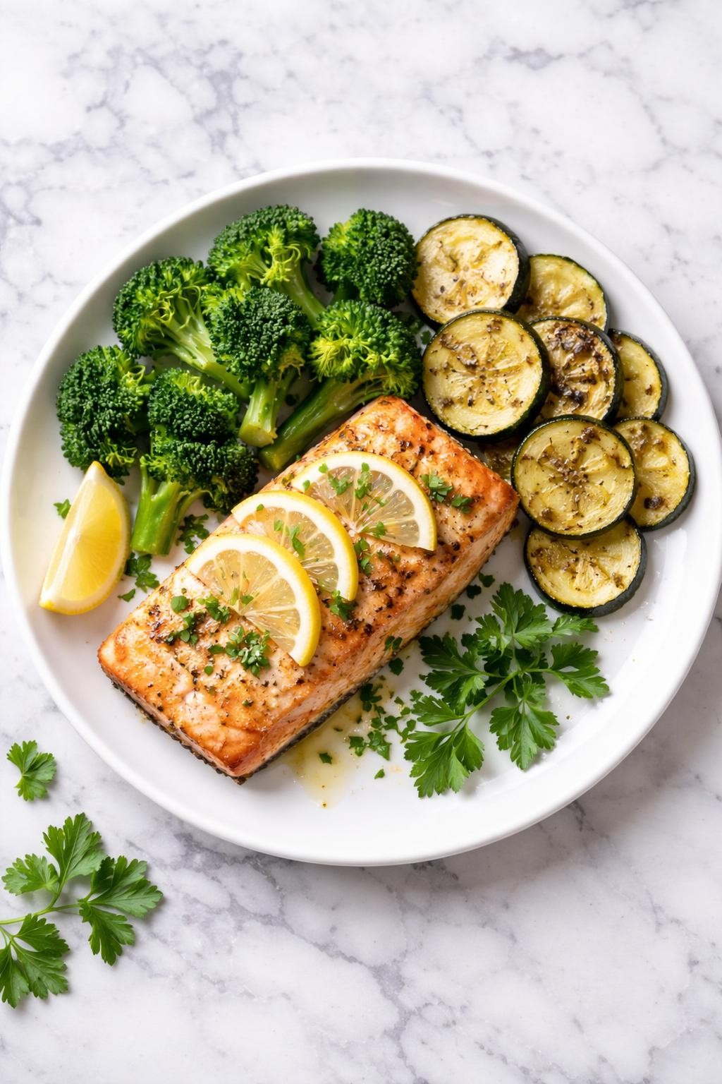 Realistic top-down editorial food photography of garlic lemon salmon plate on a clean white and gray marble countertop, pan-seared salmon fillet with lemon slices, steamed broccoli, roasted zucchini, and fresh parsley, light olive oil sheen on the salmon, simple white plate, clean healthy dinner styling, bright natural window lighting, soft shadows, realistic flaky salmon texture, no people, no hands, no text, no watermarks, no props with writing.