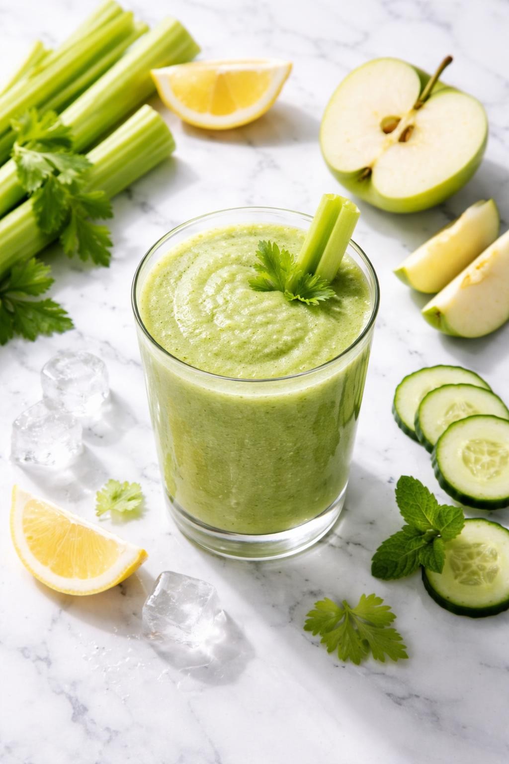 Realistic top-down editorial food photography of a celery apple vegetable smoothie in a clear glass on a clean white marble countertop. The smoothie is light green, smooth, cold, and refreshing, styled with celery sticks, green apple slices, lemon wedges, cucumber slices, and ice cubes nearby. Bright natural daylight, crisp clean smoothie styling, realistic drink texture, high detail, no people, no hands, no text, no watermarks, no props with writing.