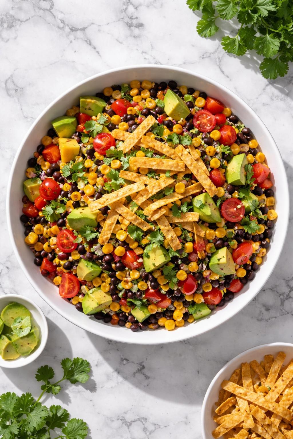 Image Prompt: Realistic top-down editorial food photography of a black bean fiesta salad in a white serving bowl on a clean white and gray marble countertop, filled with black beans, corn, avocado, peppers, tomatoes, cilantro, and crunchy tortilla strips, colorful homemade gathering salad mood, bright natural daylight, soft shadows, clean composition, high detail, realistic food texture, no people, no hands, no text, no watermarks, no props with writing.