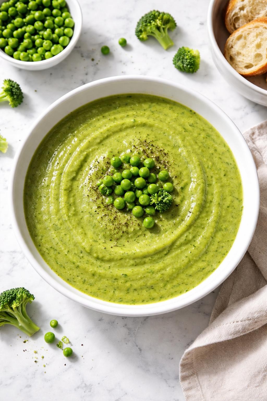 Image Prompt: Realistic top-down editorial food photography of broccoli pea soup in a white serving bowl on a clean marble countertop, bright green smooth soup with broccoli and peas blended together, topped with black pepper and a few peas on top, fresh homemade styling, bright natural window lighting, soft shadows, no people, no hands, no text, no watermarks, no props with writing.