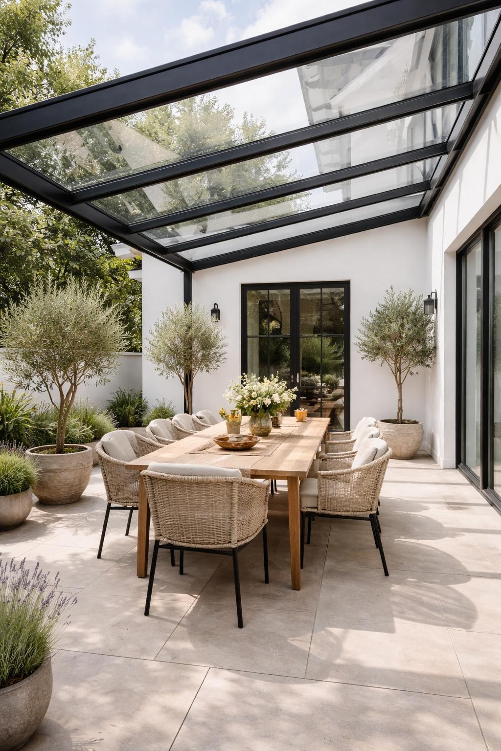 Image Prompt: A bright modern patio with a glass roof attached to the house, slim black metal frame, outdoor dining table below, light stone tile floor, potted olive trees, white exterior wall, natural daylight filtering through the glass panels, airy and elegant backyard design, no people, photorealistic DSLR image, no text, no watermarks on images.