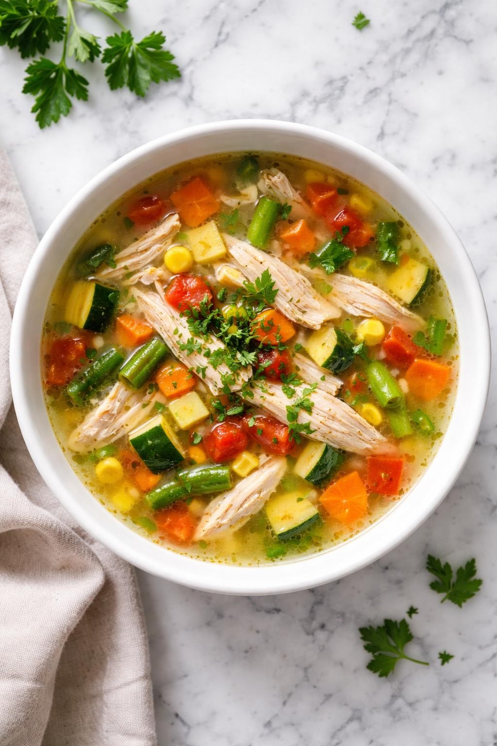 Image Prompt: Realistic top-down editorial food photography of chicken breast vegetable soup in a clean white bowl on a white and gray marble countertop, light broth with shredded chicken breast, green beans, carrots, zucchini, corn, and diced tomatoes, fresh parsley on top, bright natural light, fresh homemade soup mood, no people, no hands, no text, no watermarks, no props with writing.