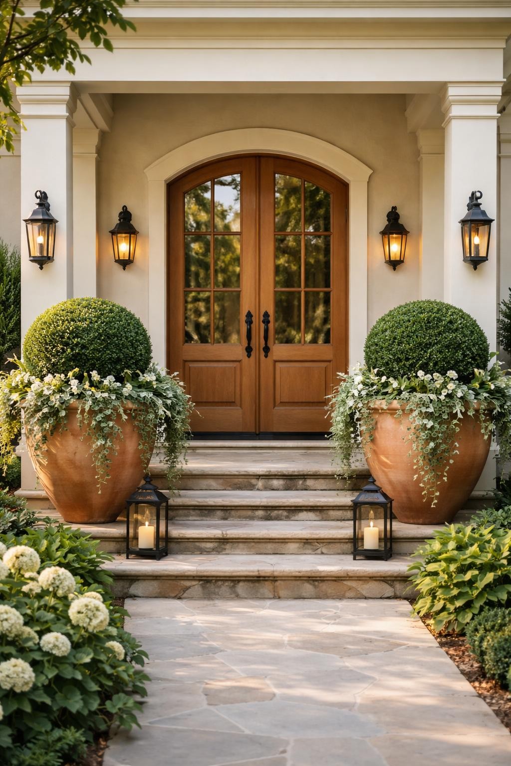 Image Prompt: A beautiful home entrance styled with oversized terracotta garden pots on both sides of the front door, filled with lush green topiary and soft trailing plants, warm neutral exterior, stone steps, premium and timeless curb appeal styling, natural daylight, realistic DSLR photo quality, no people, no watermarks on images.