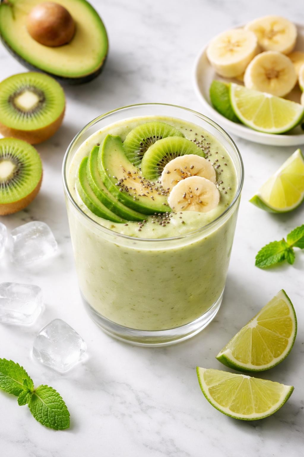 Realistic top-down editorial food photography of a kiwi avocado smoothie served in a clear glass on a clean white marble countertop. The smoothie is creamy pale green, thick, silky, and smooth, styled with avocado slices, kiwi rounds, banana slices, lime wedges, and a few ice cubes nearby. Soft natural light, clean healthy breakfast smoothie styling, high detail, realistic creamy texture, no people, no hands, no text, no watermarks, no props with writing.