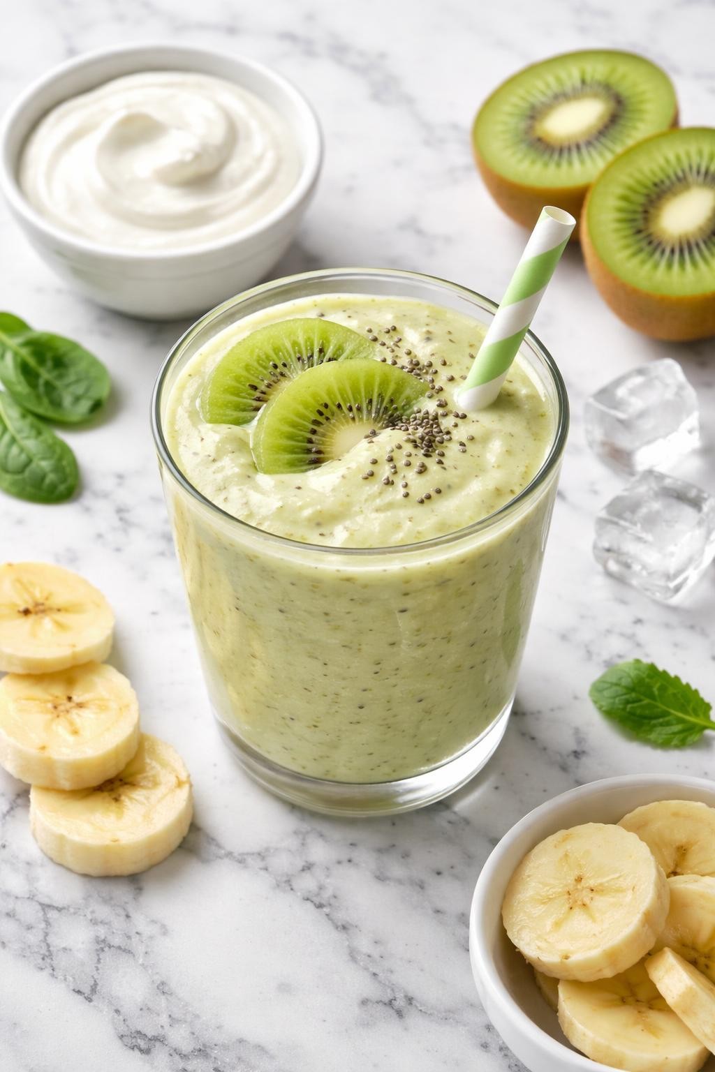 Realistic top-down editorial food photography of a kiwi Greek yogurt smoothie served in a clear glass on a clean white and gray marble countertop. The smoothie is pale green, thick, creamy, and speckled with tiny kiwi seeds, styled with kiwi slices, plain Greek yogurt in a small bowl, banana rounds, and a few ice cubes nearby. Bright natural window lighting, clean breakfast smoothie styling, high detail, realistic creamy texture, no people, no hands, no text, no watermarks, no props with writing.