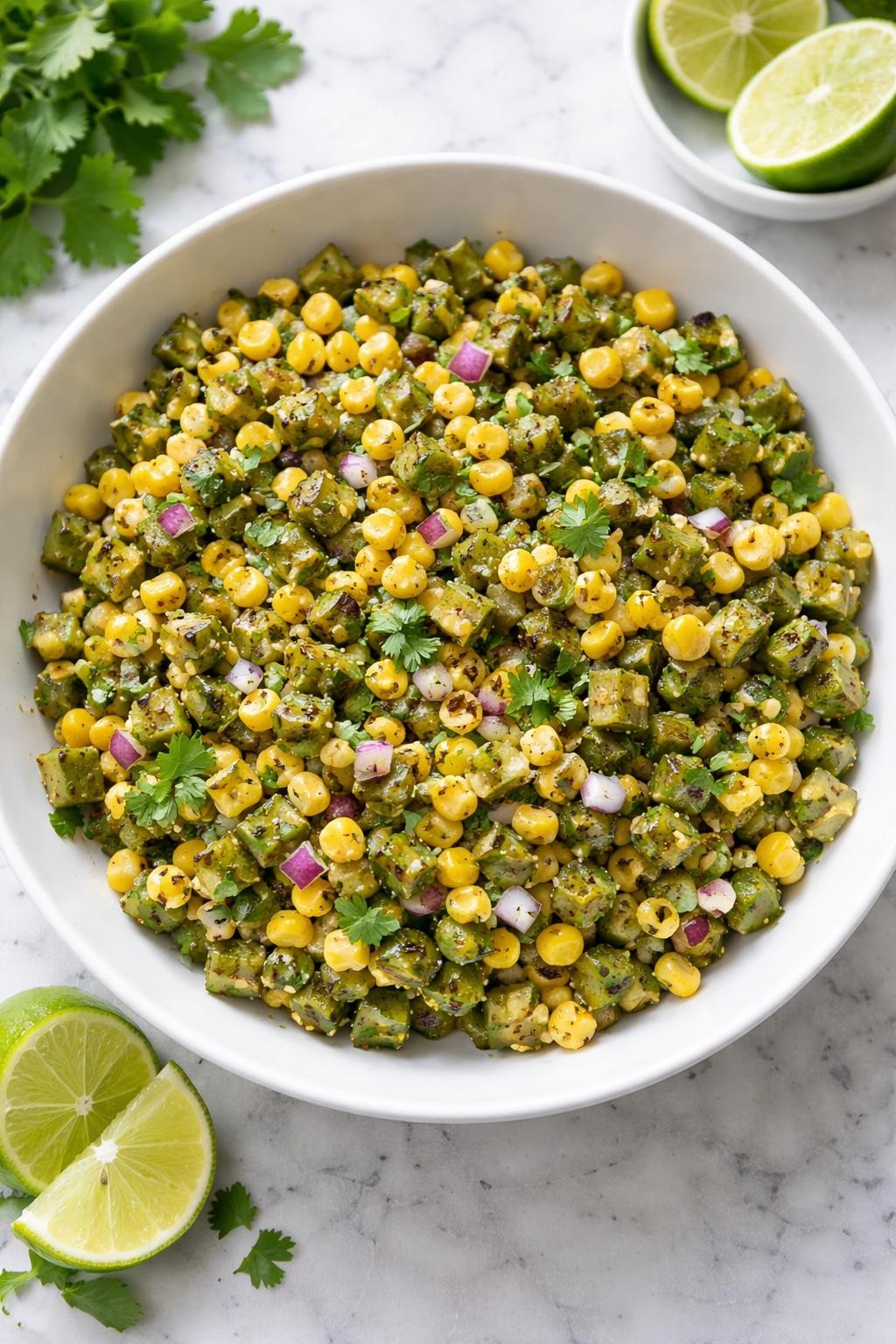 Image Prompt: Realistic top-down editorial food photography of roasted nopales and corn salad in a wide white bowl on a clean marble countertop, chopped roasted nopales mixed with sweet corn, red onion, cilantro, and lime dressing, fresh homemade Mexican salad styling, bright natural daylight, no people, no hands, no text, no watermarks, no props with writing.