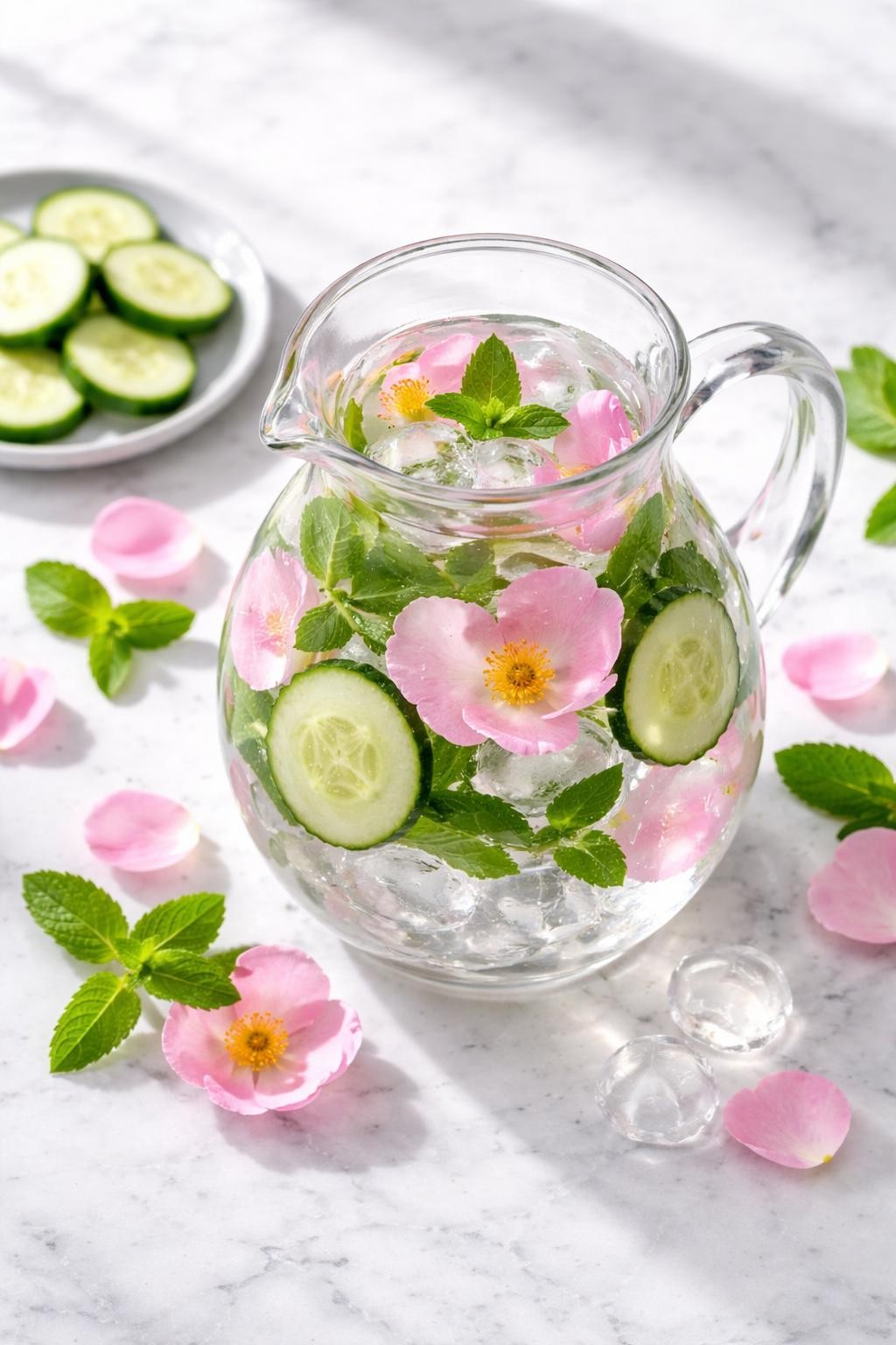 Realistic top-down food photography of wild rose cucumber mint water in a clear glass pitcher on a white marble countertop, cucumber rounds, fresh wild rose petals, mint leaves, and ice cubes floating in cold water, extra cucumber slices and rose petals styled neatly nearby, bright clean homemade drink mood, soft natural daylight, crisp realistic texture, no people, no hands, no text, no watermarks, no props with writing.