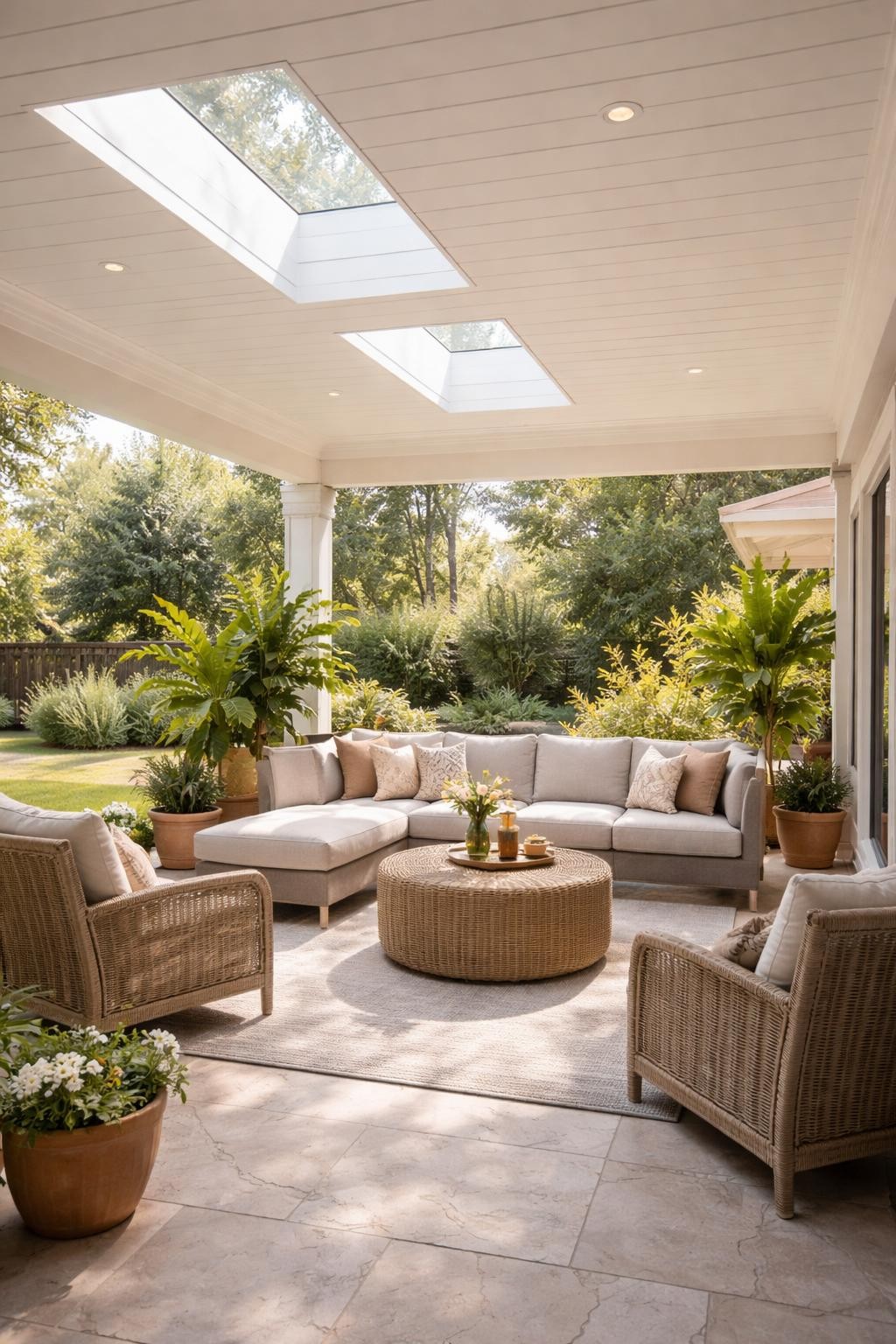 Image Prompt: A covered patio attached to the house with a solid roof and rectangular skylight panels, outdoor lounge seating underneath, white ceiling, light stone flooring, potted plants, soft natural light streaming through the skylights, calm backyard living space, no people, realistic DSLR photo, no text, no watermarks on images.