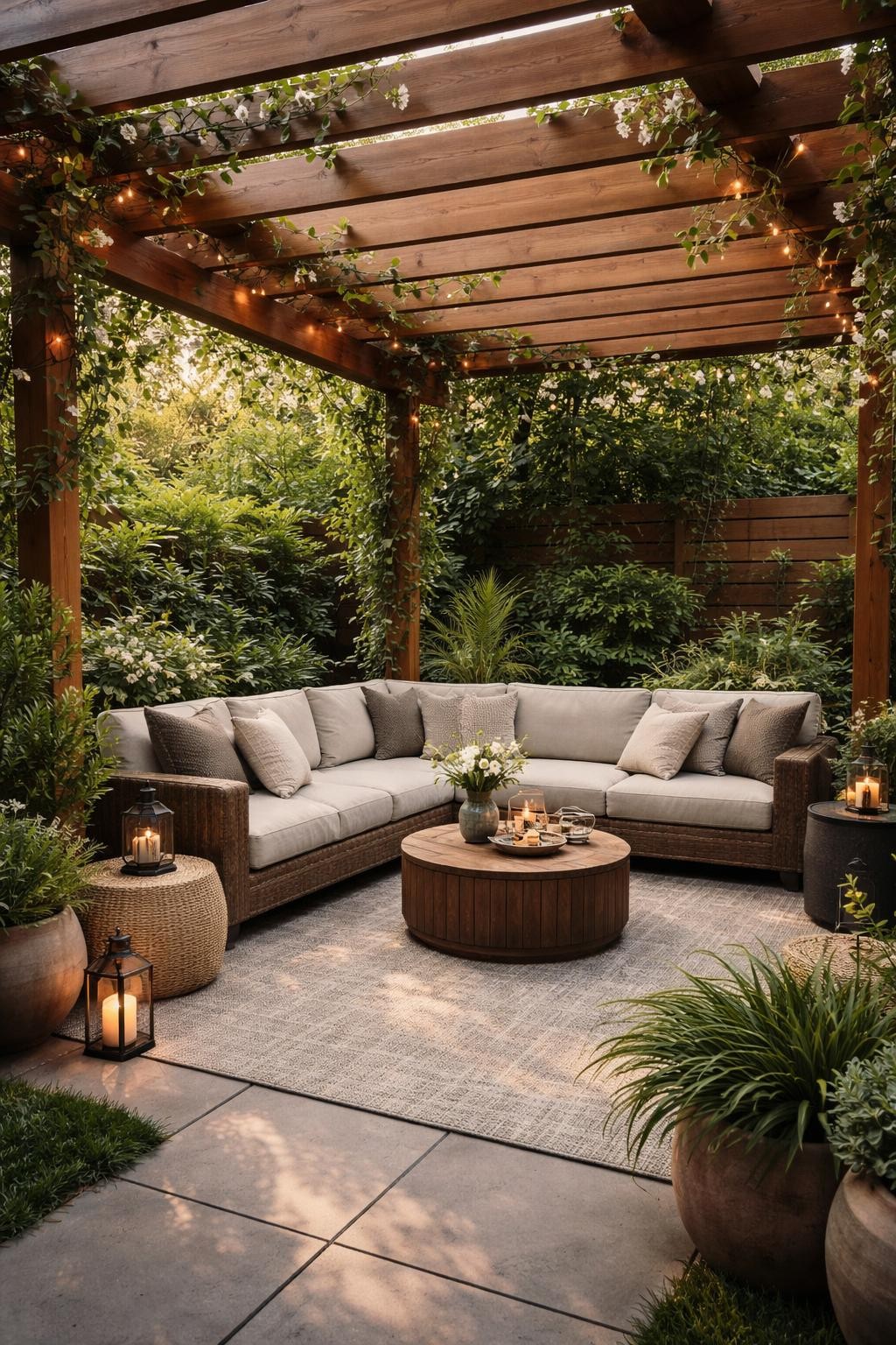 Image Prompt: A stylish garden pergola lounge with a deep cushioned outdoor sofa, warm wood pergola overhead, climbing vines, textured outdoor rug, side tables, lanterns, layered potted plants, premium modern garden design, soft natural light, cozy yet refined atmosphere, realistic DSLR photo quality, no people, no watermarks on images.