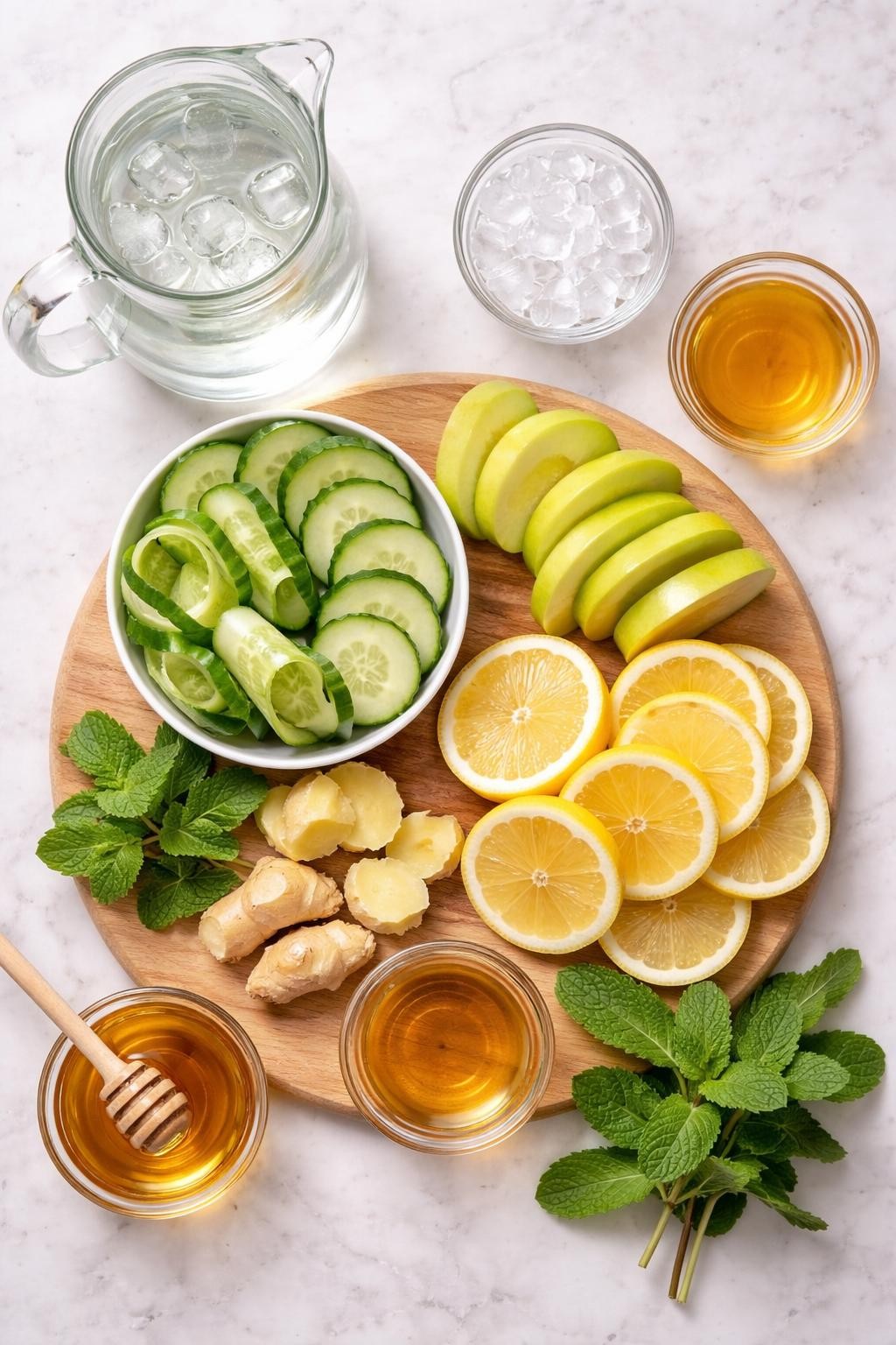 Prompt: A realistic top-down flat lay food photography shot of all ingredients for the best whole body detox drink arranged neatly on a countertop marble table: cold water in a clear glass pitcher, fresh cucumber slices and cucumber ribbons, green apple slices, lemon halves and lemon rounds, peeled fresh ginger pieces, fresh mint leaves, honey in a small clear bowl, apple cider vinegar in a small clear bowl, and ice cubes in a small clear bowl. Clean natural lighting, fresh green wellness drink styling, neat composition, no people, no hands, no text, no watermarks, no props with writing.