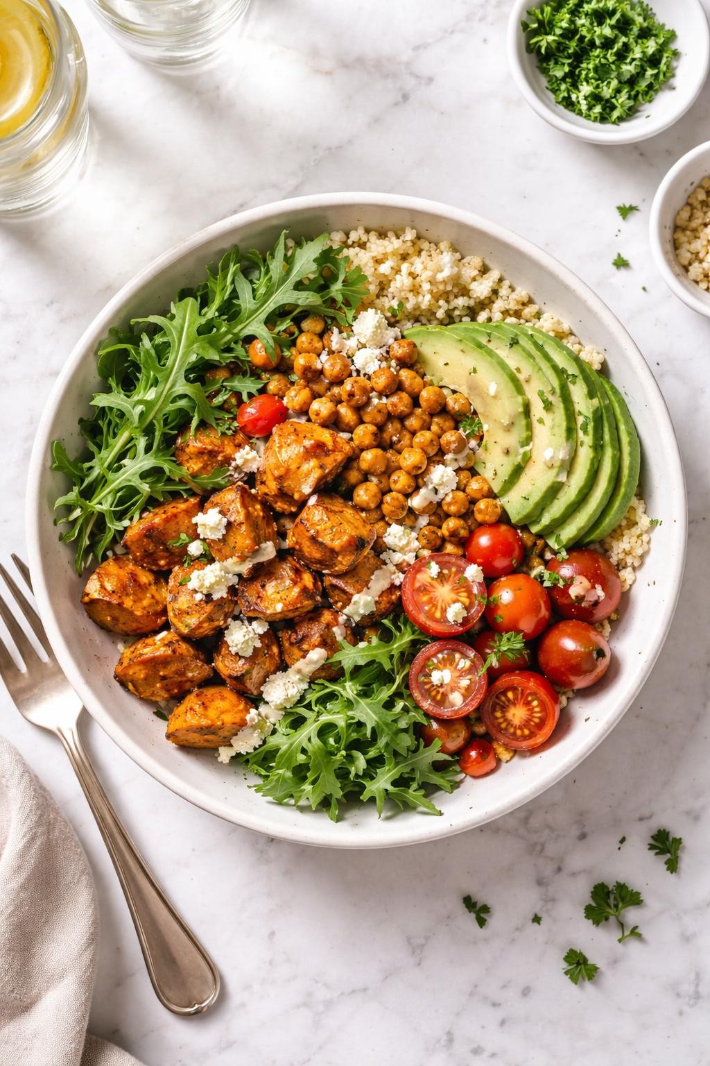 An overheard picture view of a plate of Harissa Sweet Potato and Chickpea Grain Bowl sitting on a marble countertop table in the kitchen, professional food photography style.