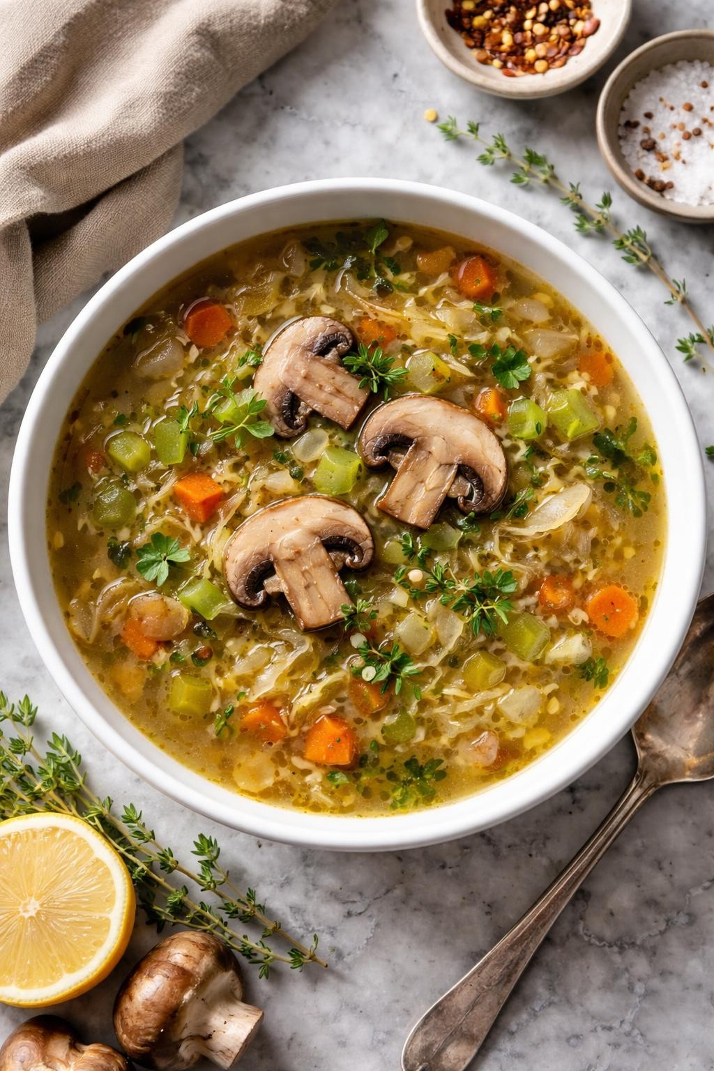 Realistic top-down editorial food photography of cabbage mushroom detox soup in a simple white bowl on a gray marble countertop, light earthy broth filled with shredded cabbage, sliced mushrooms, celery, onion, garlic, carrots, fresh thyme, and parsley, a few mushroom slices visible on top, warm homemade soup styling, natural daylight, soft shadows, realistic broth and mushroom texture, high detail, no people, no hands, no text, no watermarks, no props with writing.