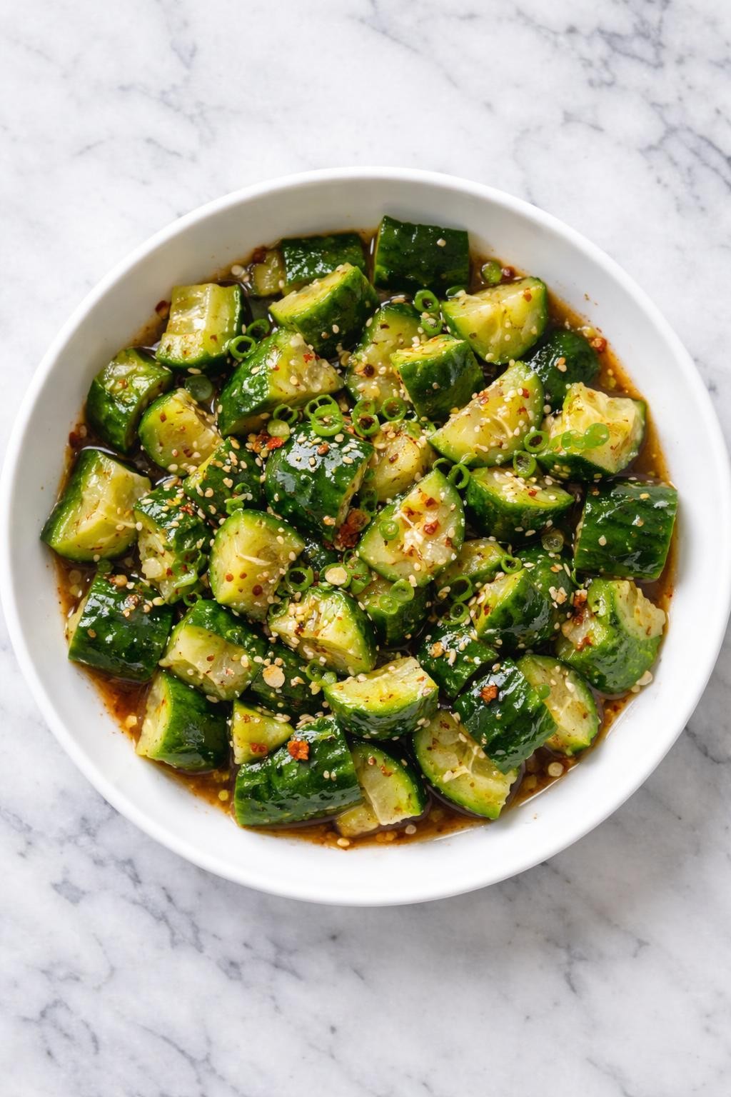 Image Prompt: Realistic top-down editorial food photography of garlic soy cucumber salad in a shallow white bowl on a clean marble countertop, smashed cucumber pieces tossed with soy sauce, garlic, vinegar, sesame seeds, and chili flakes, glossy fresh salad texture visible, bright natural daylight, no people, no hands, no text, no watermarks, no props with writing.