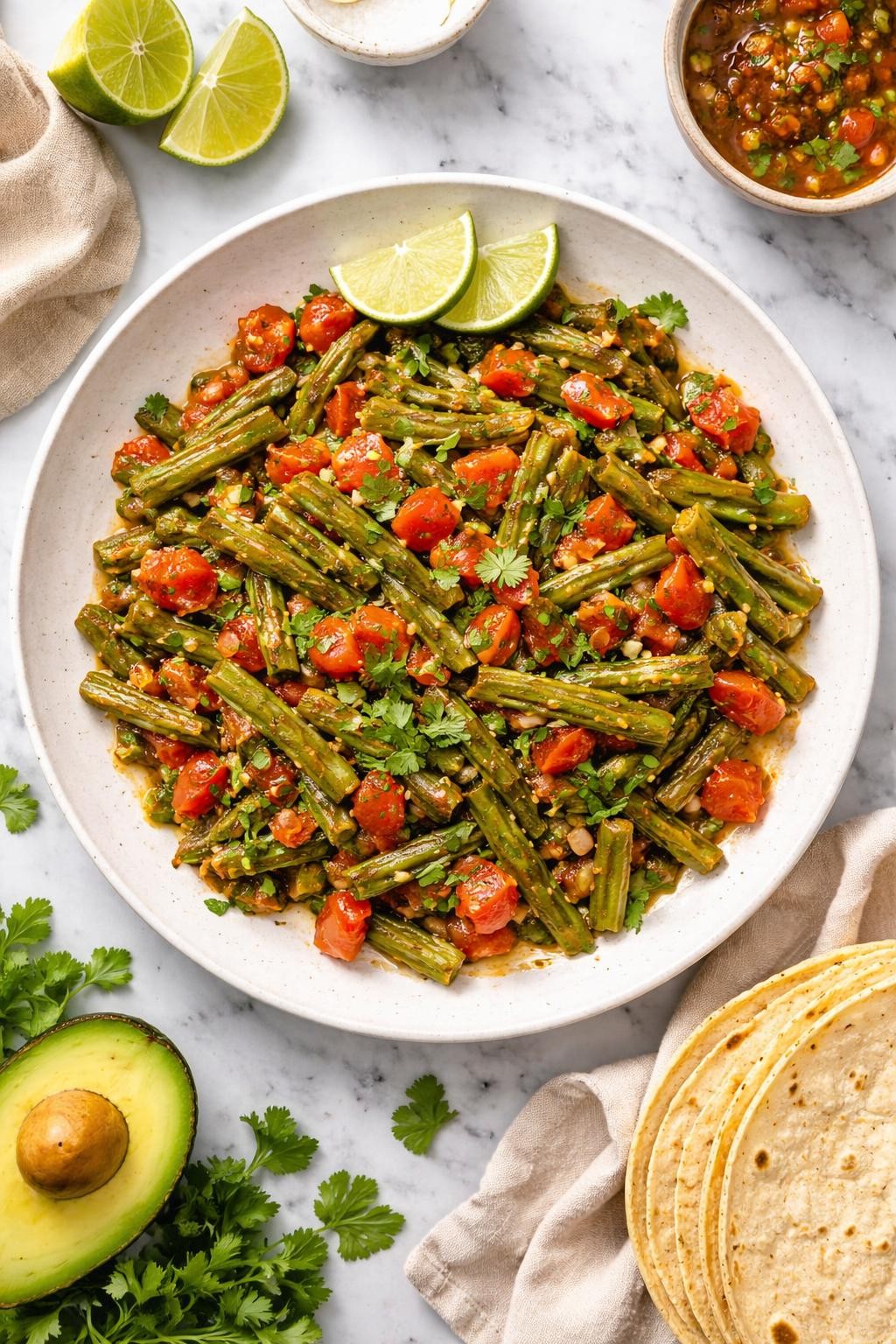 An overheard picture view of a plate of Nopalitos con Jitomate sitting on a marble countertop table in the kitchen, professional food photography style.
