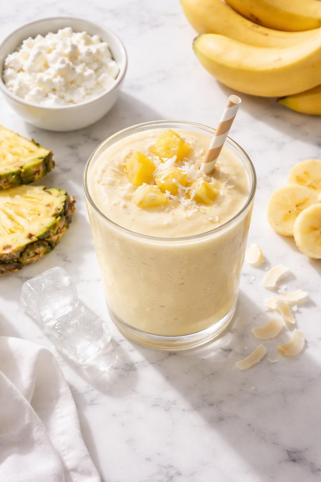 Realistic top-down editorial food photography of a pineapple cottage cheese smoothie served in a clear glass on a clean white marble countertop. The smoothie is pale yellow, thick, creamy, and cold-looking, styled with pineapple chunks, cottage cheese in a plain bowl, banana slices, coconut flakes, and a few ice cubes nearby. Bright natural daylight, clean tropical smoothie styling, high detail, realistic creamy texture, no people, no hands, no text, no watermarks, no props with writing.