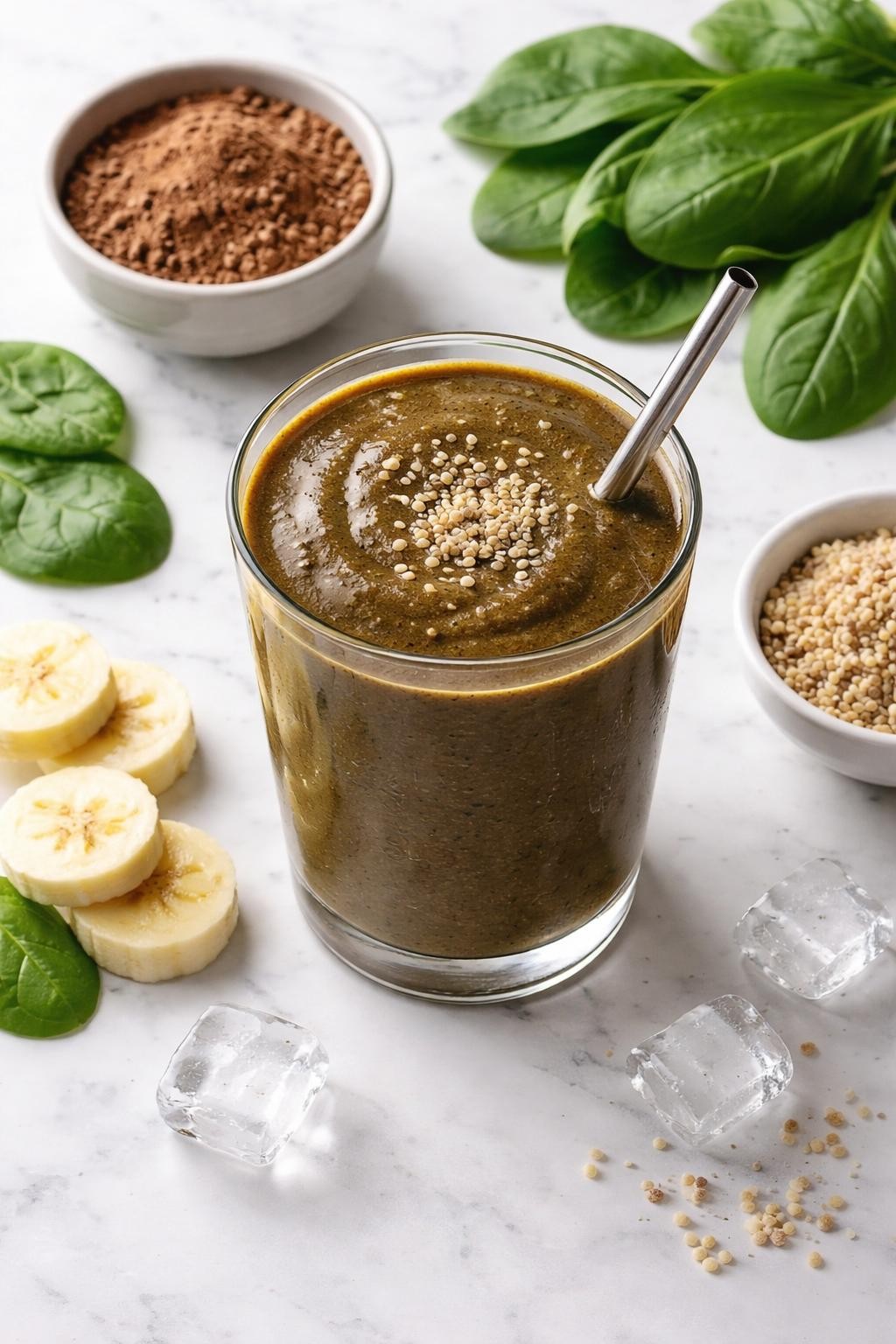 Realistic top-down food photography of a green cacao hemp smoothie in a clear glass on a clean white marble countertop. The smoothie is deep green-brown, creamy, thick, and smooth, styled with spinach leaves, cacao powder in a plain bowl, hemp seeds, banana slices, and a few ice cubes nearby. Soft natural daylight, clean nutrient-rich smoothie styling, high detail, realistic creamy texture, no people, no hands, no text, no watermarks, no props with writing.