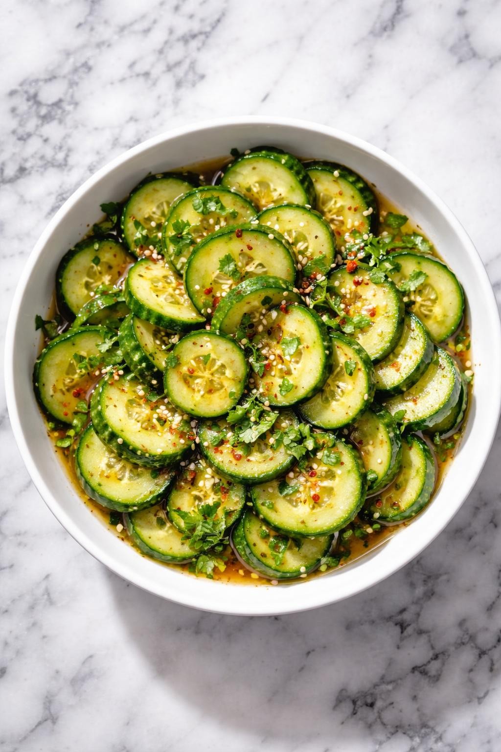 Image Prompt: Realistic top-down editorial food photography of hot honey cucumber salad in a white bowl on a clean white and gray marble countertop, cucumber slices coated in a glossy sweet spicy dressing with hot honey, chili flakes, and herbs, bright natural daylight, fresh bold salad mood, no people, no hands, no text, no watermarks, no props with writing.