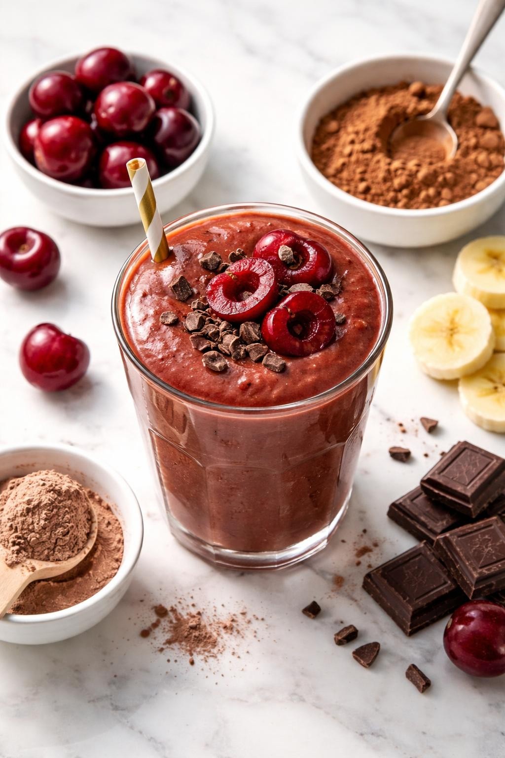 Realistic top-down editorial food photography of a cherry chocolate protein smoothie served in a clear glass on a clean white marble countertop. The smoothie is deep red-brown, thick, glossy, and creamy, styled with pitted cherries, cocoa powder in a plain dish, chocolate protein powder, banana slices, and a few dark chocolate pieces nearby. Soft natural window lighting, clean dessert-style smoothie styling, high detail, realistic thick texture, no people, no hands, no text, no watermarks.
