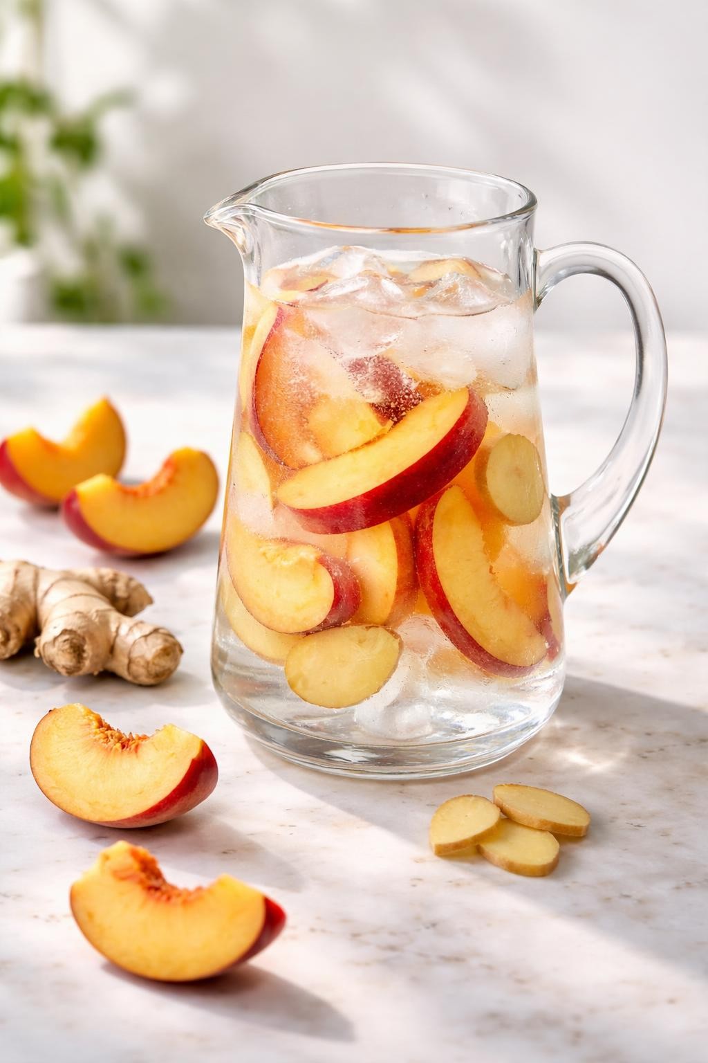 Realistic editorial food photography of peach ginger detox water in a clear glass pitcher on a pale marble countertop, thin peach slices and fresh ginger slices floating in cold water with ice cubes, fresh peach wedges and small ginger root pieces styled nearby, clean homemade fruit-infused drink mood, bright natural daylight, soft shadows, high detail, no people, no hands, no text, no watermarks, no props with writing.