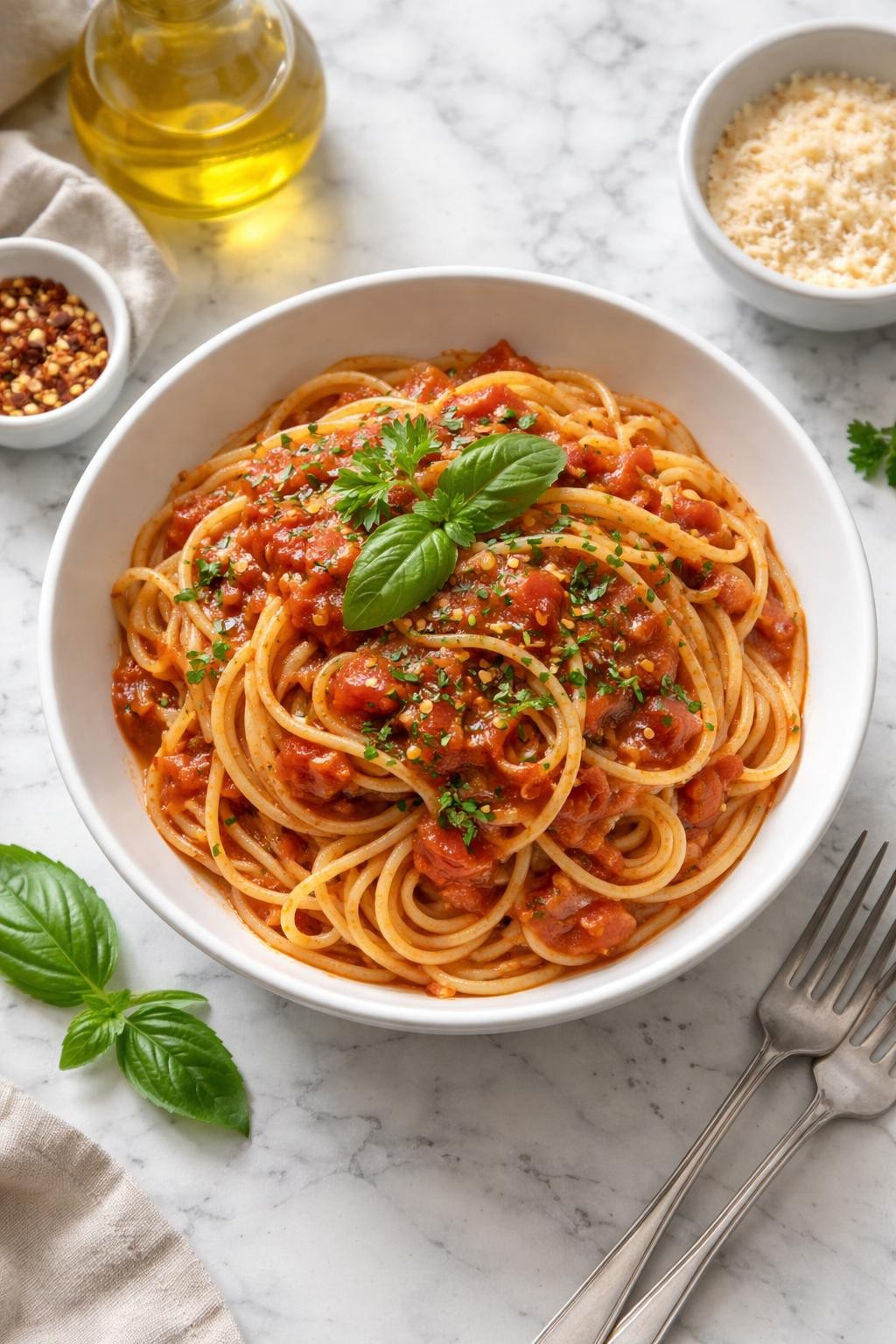 Image Prompt: Realistic top-down editorial food photography of a bowl of vegan spaghetti marinara on a clean white and gray marble countertop, long spaghetti coated in rich tomato sauce with visible garlic and basil, light sprinkle of chopped parsley, simple white bowl, cozy homemade Italian dinner mood, bright natural window lighting, soft shadows, clean composition, high detail, realistic food texture, no people, no hands, no text, no watermarks, no props with writing.