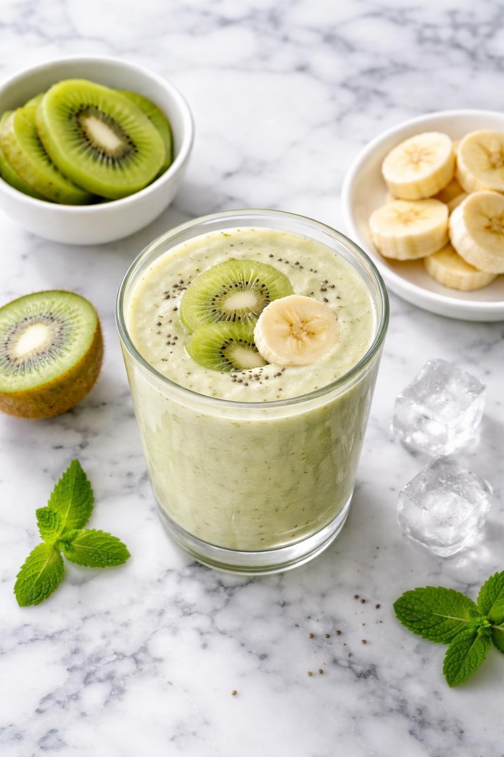 Realistic top-down editorial food photography of a creamy kiwi banana smoothie served in a clear glass on a clean white and gray marble countertop. The smoothie is pale green, thick, smooth, and fresh-looking, with kiwi slices, banana rounds, and a few ice cubes styled neatly nearby. Bright natural window lighting, soft shadows, clean breakfast smoothie styling, high detail, realistic creamy texture, no people, no hands, no text, no watermarks, no props with writing.
