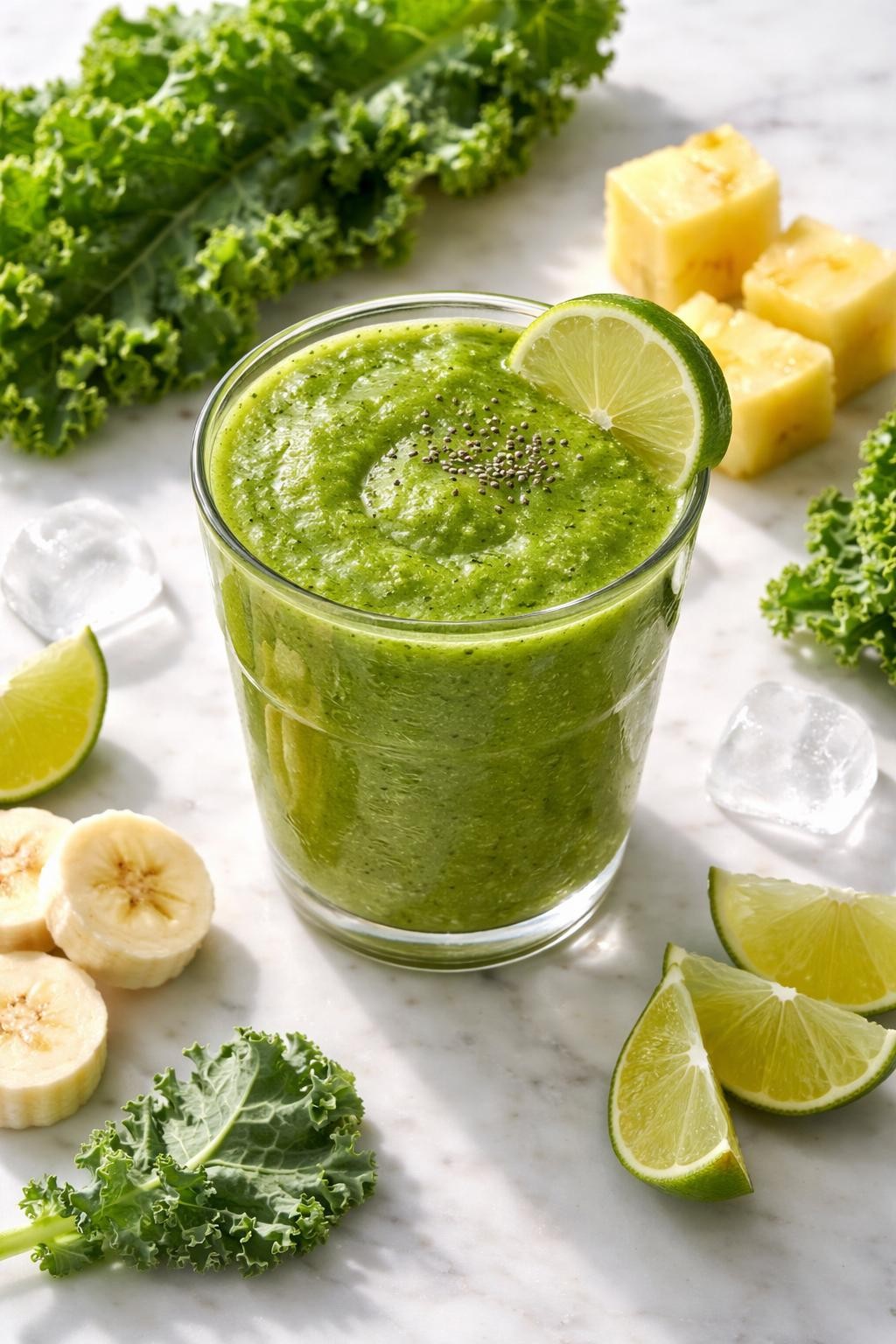 Realistic top-down editorial food photography of a kale pineapple vegetable smoothie served in a clear glass on a clean white marble countertop. The smoothie is bright green, thick, smooth, and cold-looking, styled with kale leaves, pineapple chunks, banana slices, lime wedges, and a few ice cubes nearby. Bright natural daylight, clean tropical green smoothie styling, high detail, realistic smoothie texture, no people, no hands, no text, no watermarks, no props with writing.