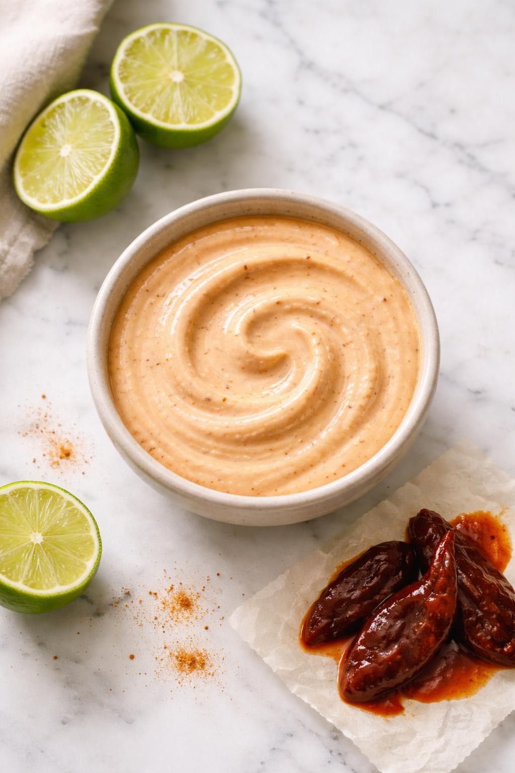 Image Prompt: Realistic top-down editorial food photography of a small bowl of chipotle crema on a white marble countertop, creamy pale orange Mexican sauce swirled smoothly in a neutral ceramic bowl, made with sour cream and chipotle peppers in adobo, smoky rich texture, a few lime halves and chipotle peppers nearby, soft natural daylight, clean editorial styling, cozy homemade mood, no people, no hands, no text, no watermarks, no props with writing.