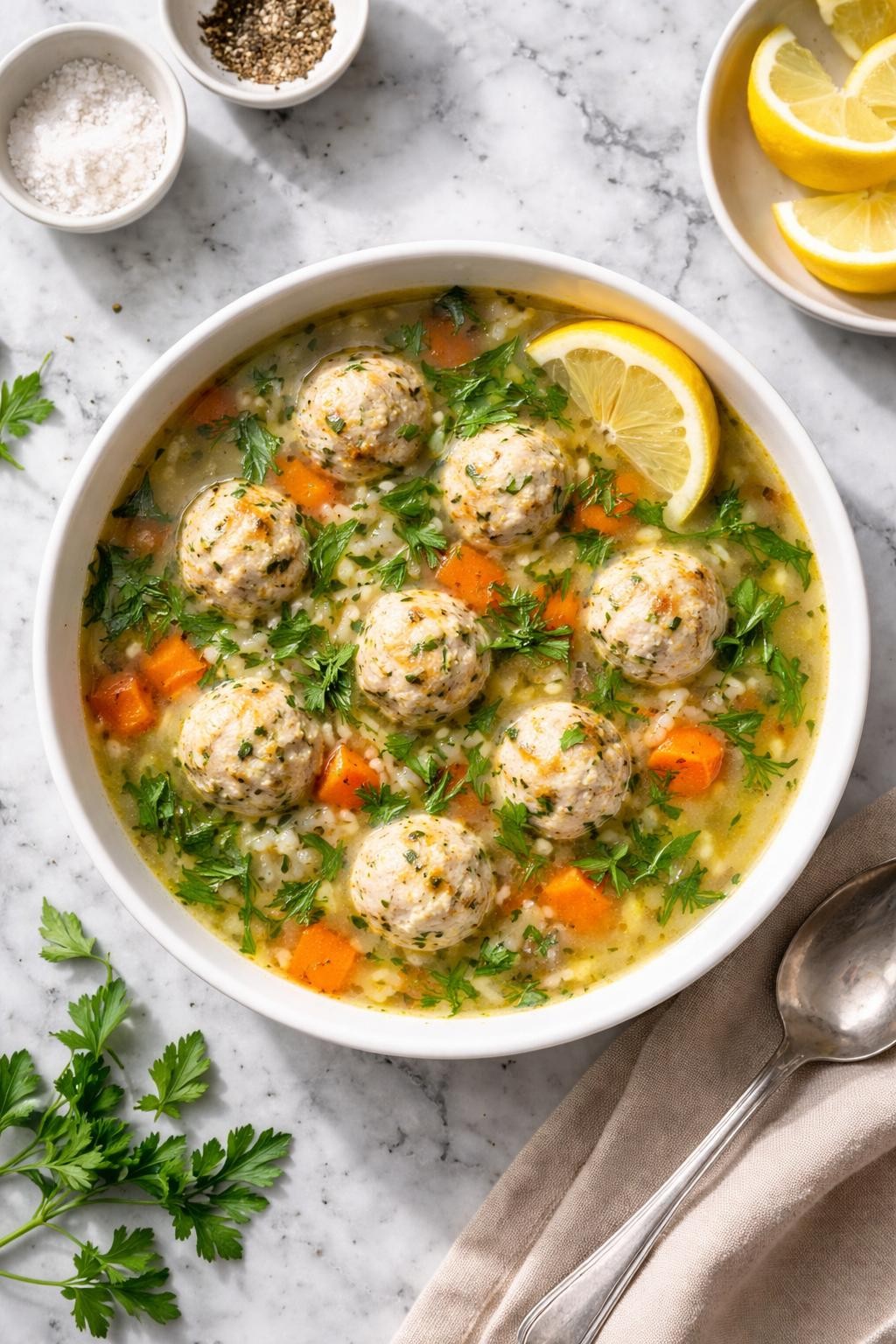 Image Prompt: Realistic top-down editorial food photography of a bowl of lemon herb meatball soup on a clean white and gray marble countertop, with small tender chicken meatballs, rice, carrots, fresh dill, parsley, and a light golden broth, finished with a squeeze of lemon and cracked black pepper, bright natural daylight, cozy homemade soup mood, clean editorial styling, no people, no hands, no text, no watermarks, no props with writing.