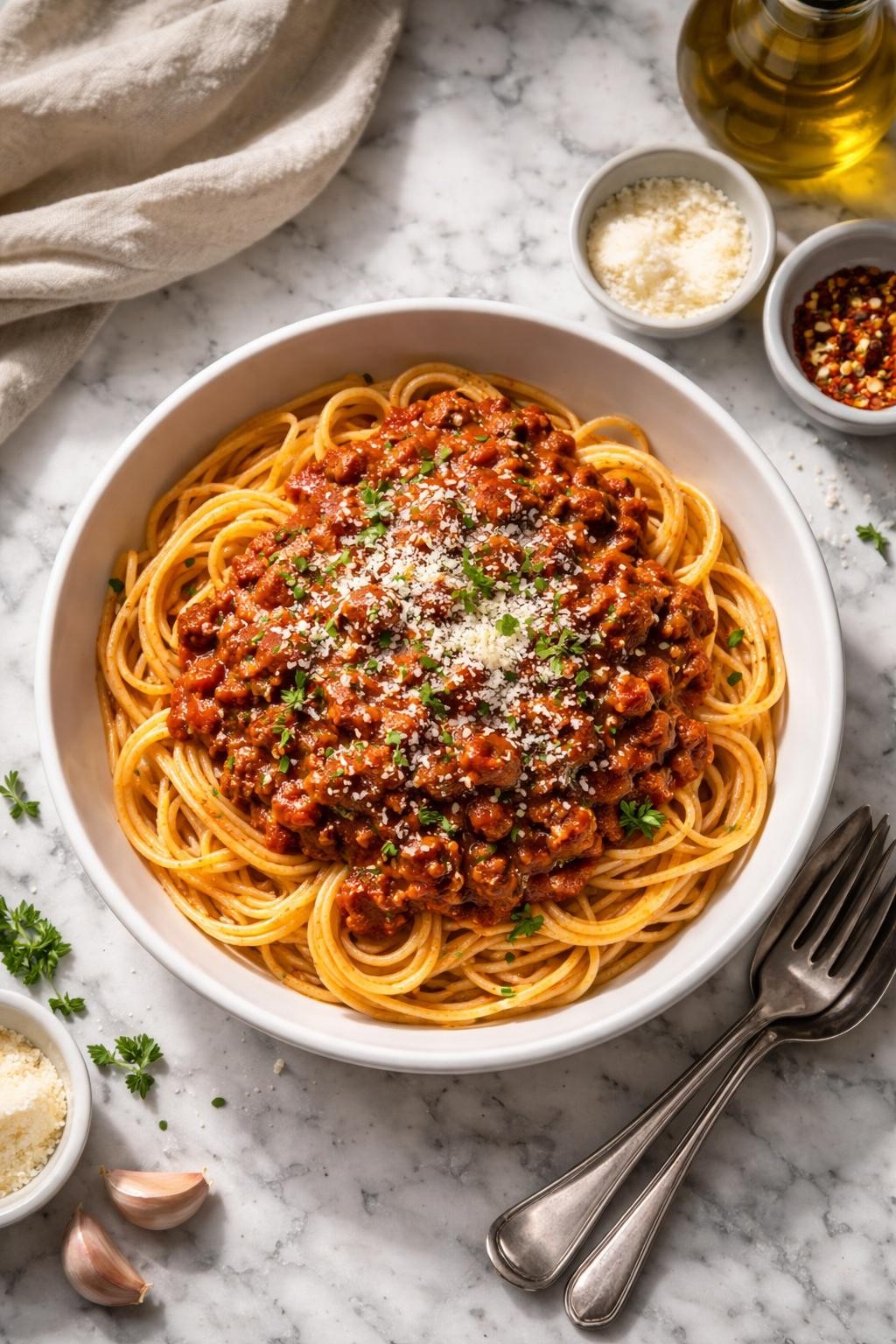 Image Prompt: Realistic top-down editorial food photography of spaghetti bolognese in a white bowl on a clean white and gray marble countertop, spaghetti topped with rich slow-cooked meat sauce made with ground beef, tomatoes, onions, and herbs, finished with grated parmesan, bright natural light, soft shadows, cozy homemade Italian dinner mood, high detail, realistic food texture, no people, no hands, no text, no watermarks, no props with writing.