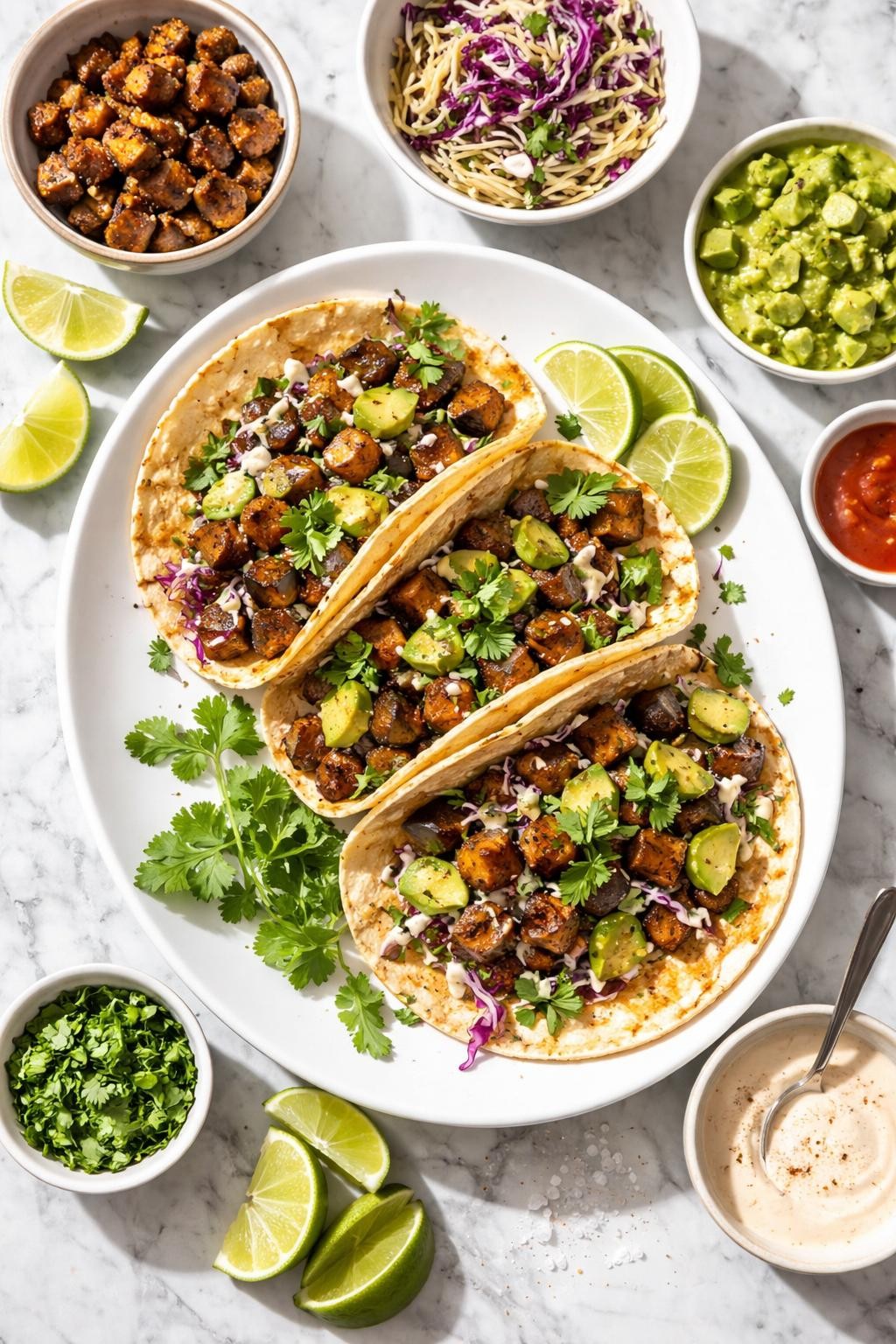 Image Prompt: Realistic top-down editorial food photography of vegan eggplant tacos on a white serving plate over a clean white and gray marble countertop, warm tortillas filled with spiced roasted eggplant, avocado, shredded cabbage, cilantro, and lime, colorful homemade taco dinner styling, bright natural daylight, soft shadows, high detail, realistic textures, no people, no hands, no text, no watermarks, no props with writing.
