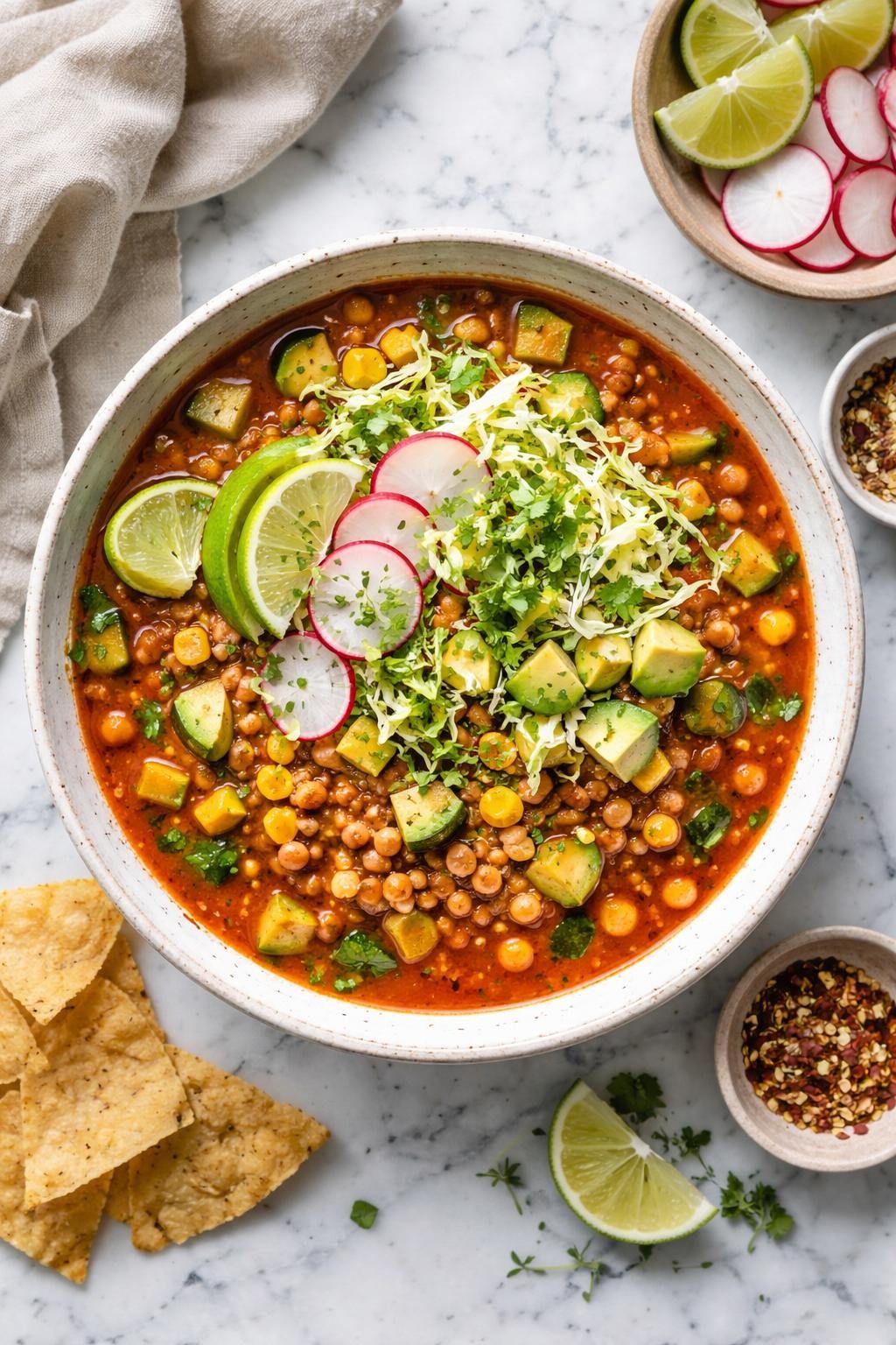 An overheard picture view of a plate of Vegetarian Pozole sitting on a marble countertop table in the kitchen, professional food photography style.