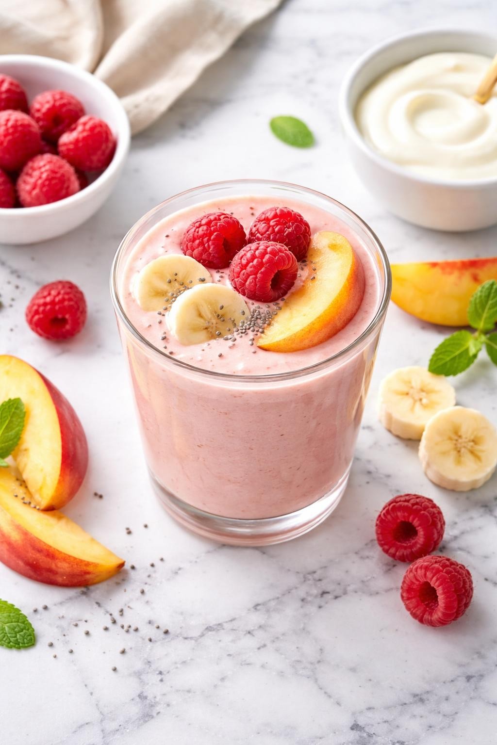 Realistic top-down editorial food photography of a raspberry peach smoothie in a clear glass on a clean white and gray marble countertop. The smoothie is soft pink-peach, creamy, thick, and smooth, styled with raspberries, peach slices, banana rounds, and a small plain bowl of yogurt nearby. Soft natural daylight, clean summer breakfast styling, high detail, realistic creamy texture, no people, no hands, no text, no watermarks, no props with writing.