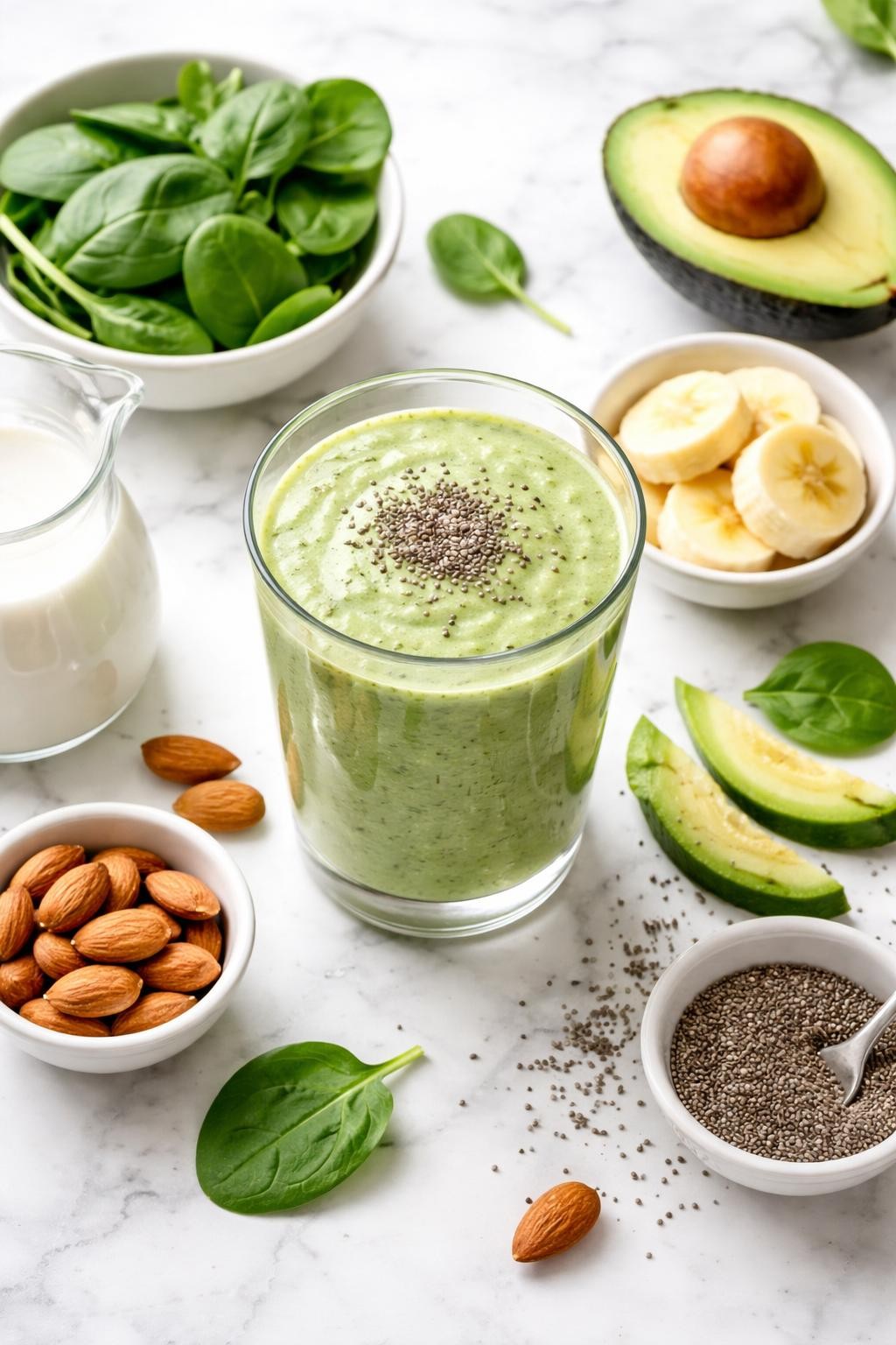 Realistic top-down editorial food photography of a green almond milk smoothie in a clear glass on a clean white marble countertop. The smoothie is pale green, thick, smooth, and creamy, styled with spinach leaves, banana rounds, avocado slices, almond milk, and chia seeds nearby. Bright natural window lighting, clean healthy breakfast smoothie styling, realistic texture, high detail, no people, no hands, no text, no watermarks, no props with writing.