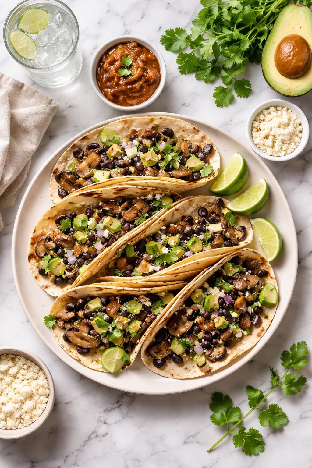 An overheard picture view of a plate of Mushroom and Black Bean Tacos sitting on a marble countertop table in the kitchen, professional food photography style.