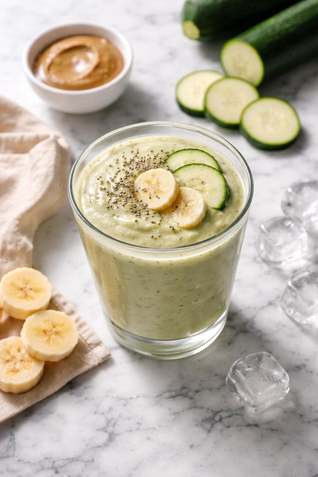 Realistic top-down editorial food photography of a creamy zucchini banana vegetable smoothie served in a clear glass on a clean white and gray marble countertop. The smoothie is pale green cream, thick, smooth, and fresh-looking, styled with zucchini slices, banana rounds, almond butter in a plain dish, and a few ice cubes nearby. Soft natural window lighting, clean breakfast smoothie styling, high detail, realistic creamy texture, no people, no hands, no text, no watermarks, no props with writing.