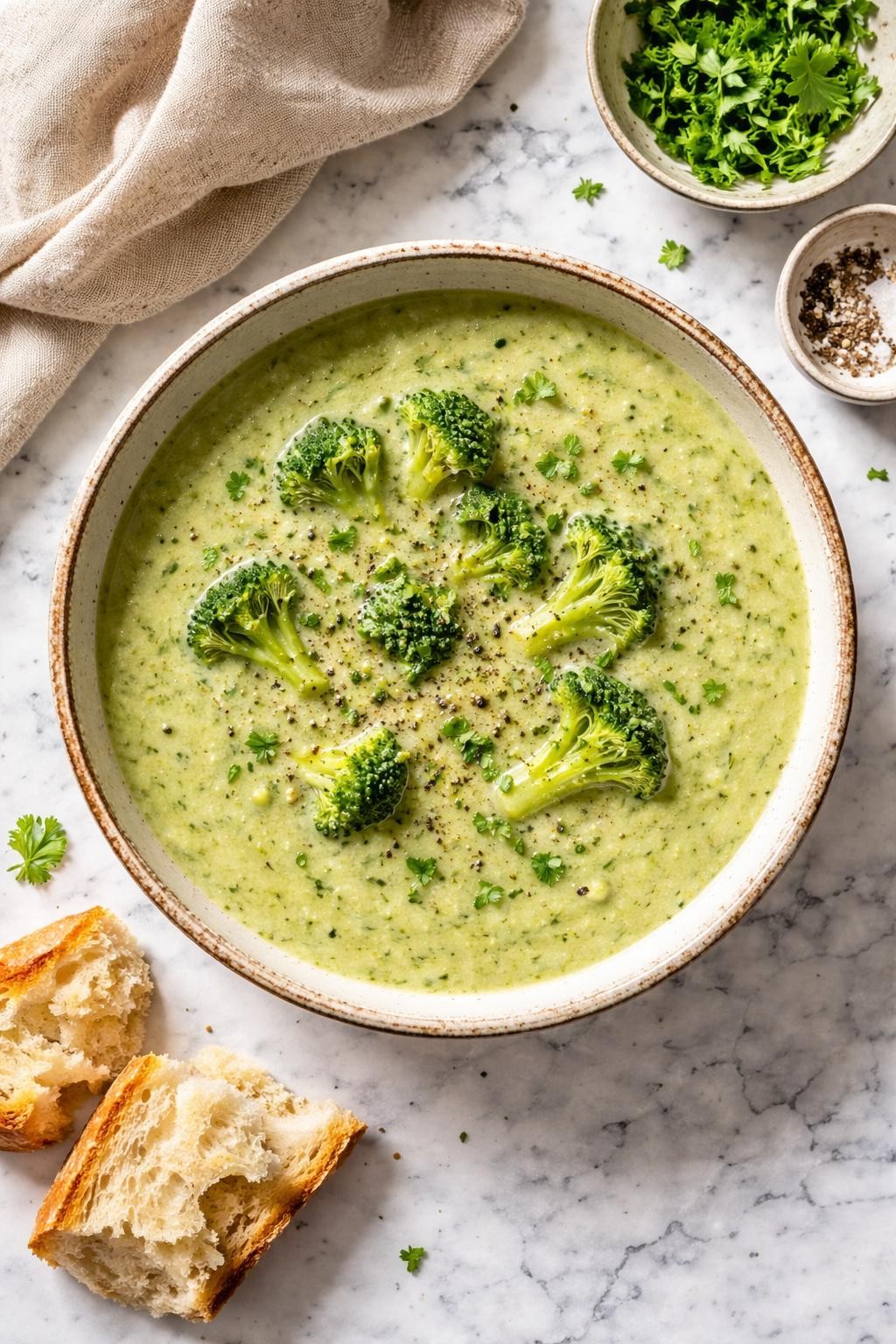 Image Prompt: Realistic top-down editorial food photography of slow cooker broccoli soup in a rustic bowl on a white and gray marble countertop, creamy green soup with tender broccoli and a smooth homemade texture, topped with black pepper and parsley, cozy home-cooked mood, bright natural light, soft shadows, no people, no hands, no text, no watermarks, no props with writing.