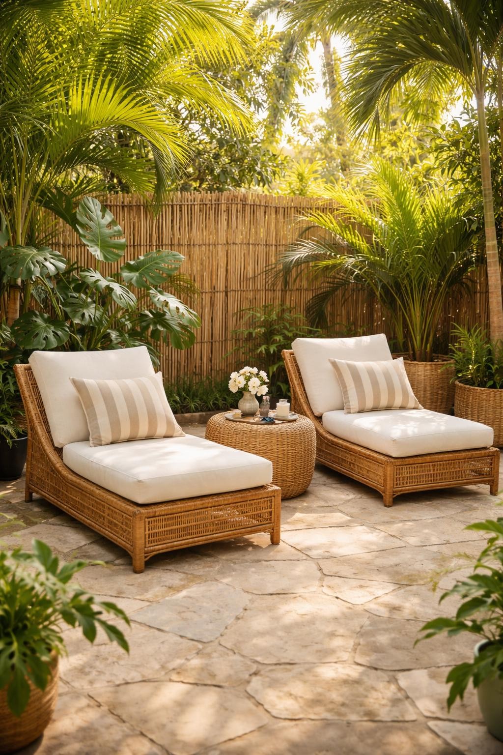 Image Prompt: A tropical patio with two rattan lounge chairs, cream cushions, small woven side table, potted monstera and palms, stone paver floor, bamboo privacy screen, warm filtered sunlight, cozy island-inspired backyard lounge, no people, realistic DSLR image, no text, no watermarks on images.