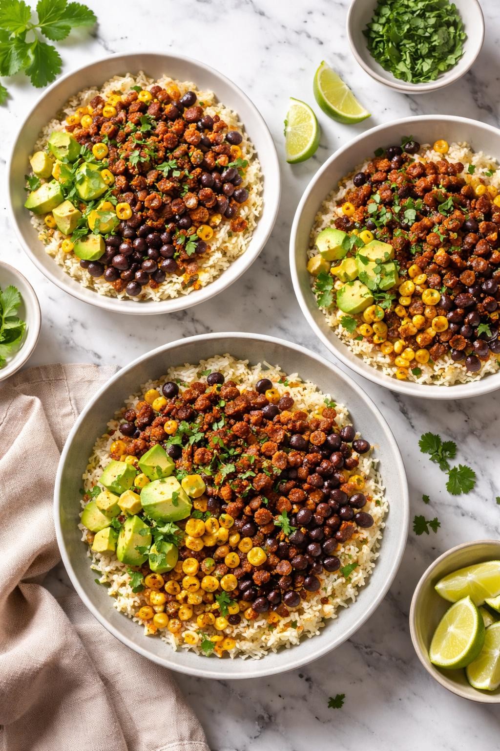 Image Prompt: Realistic top-down editorial food photography of Mexican chorizo rice bowls on a white marble countertop, bowls filled with seasoned rice, browned chorizo, black beans, corn, avocado, and chopped cilantro, bright natural daylight, hearty homemade dinner mood, no people, no hands, no text, no watermarks, no props with writing.
