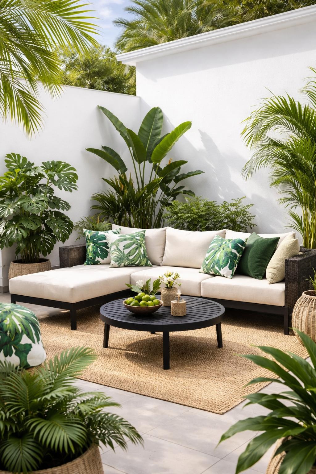 Image Prompt: A stylish tropical patio with neutral outdoor sofa and bold green leaf print cushions, potted monstera, palms, and bird of paradise plants, black coffee table, woven rug, white exterior wall, bright natural daylight, fresh and playful backyard lounge design, no people, realistic DSLR image, no text, no watermarks on images.