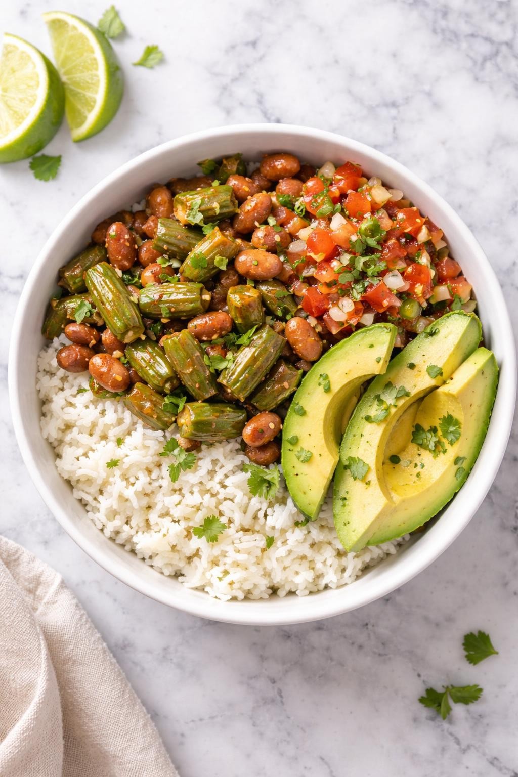 Image Prompt: Realistic top-down editorial food photography of a nopales and pinto bean bowl in a white bowl on a clean white and gray marble countertop, cooked nopales with pinto beans, rice, salsa, and avocado, simple homemade Mexican lunch styling, bright natural light, no people, no hands, no text, no watermarks, no props with writing.